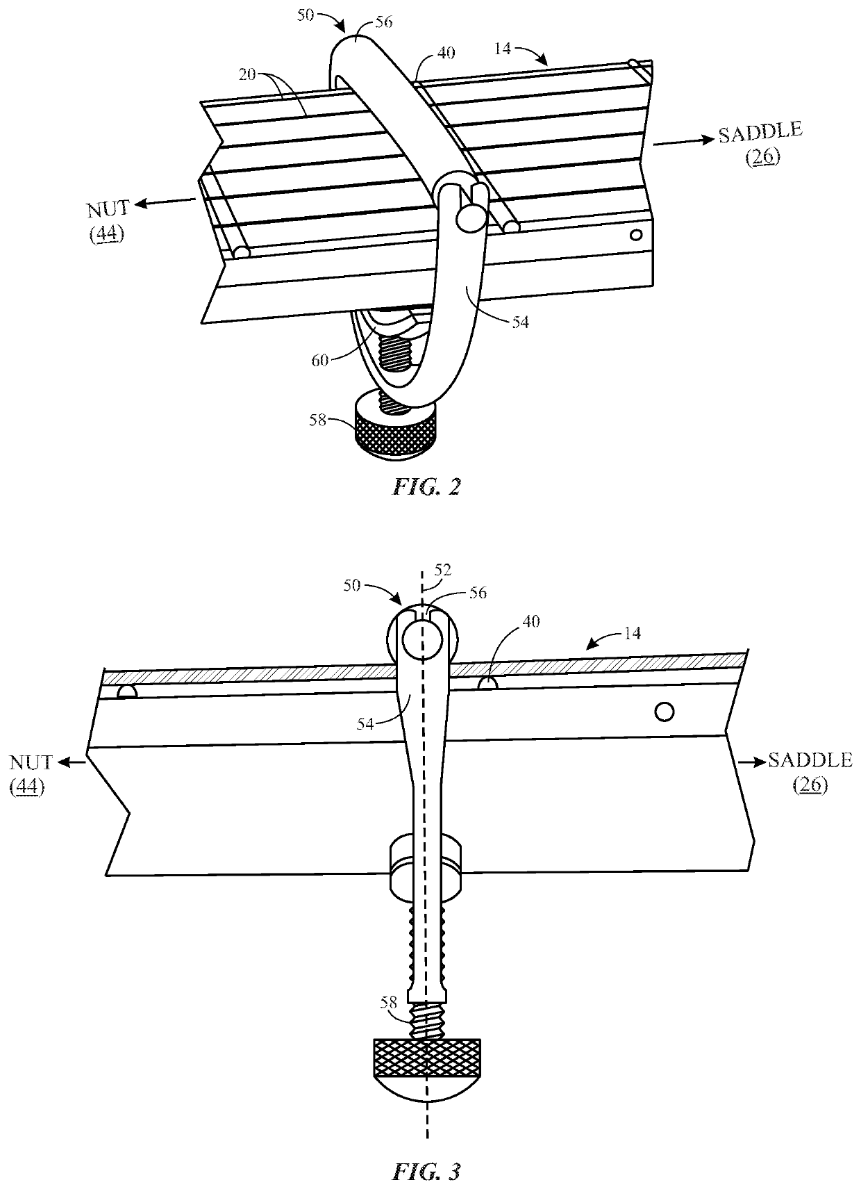 Capo with attachment mechanism and fretting action in separate offset planes