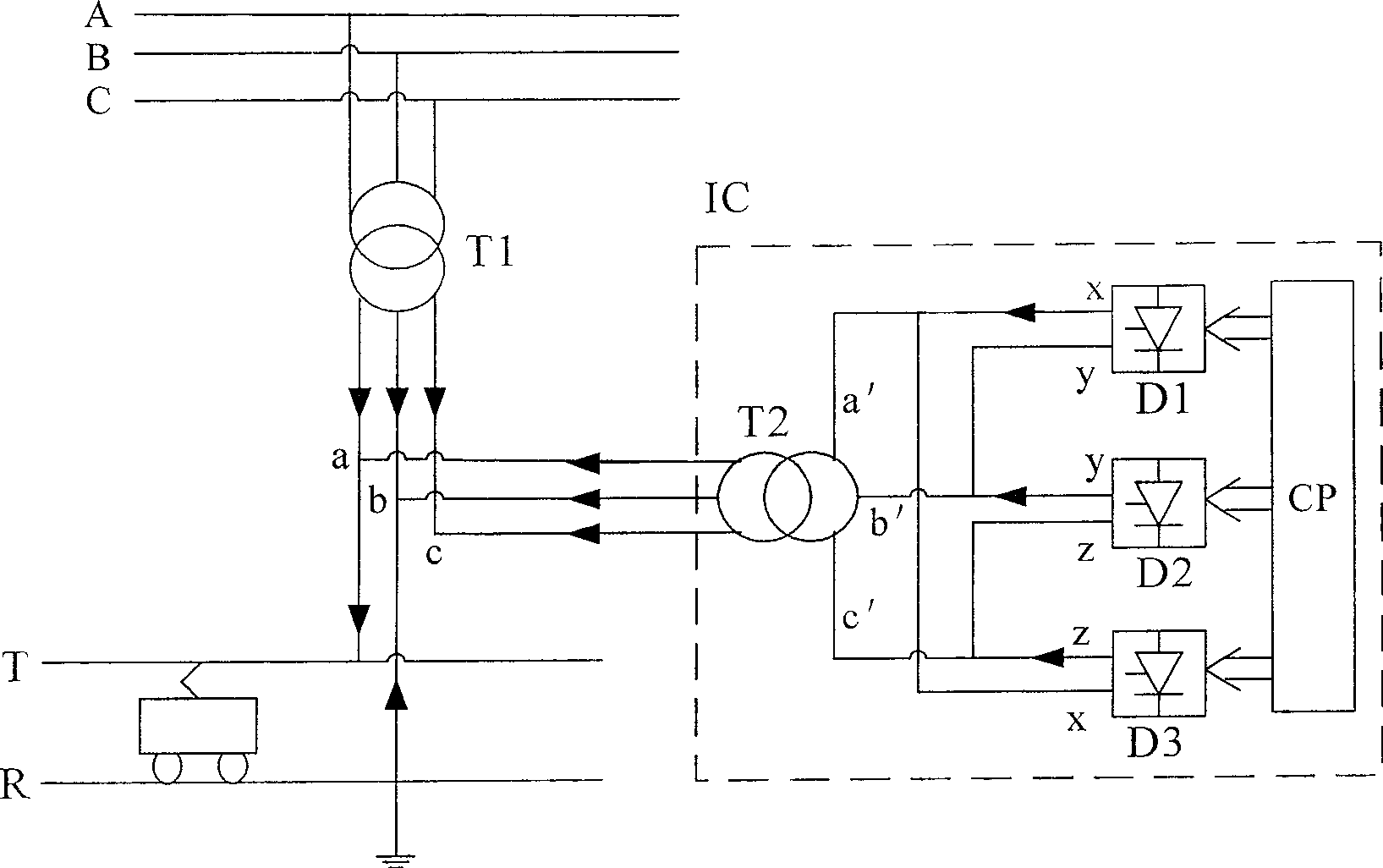 YNd11 connection transformer based AC electrified railway traction cophase supply device