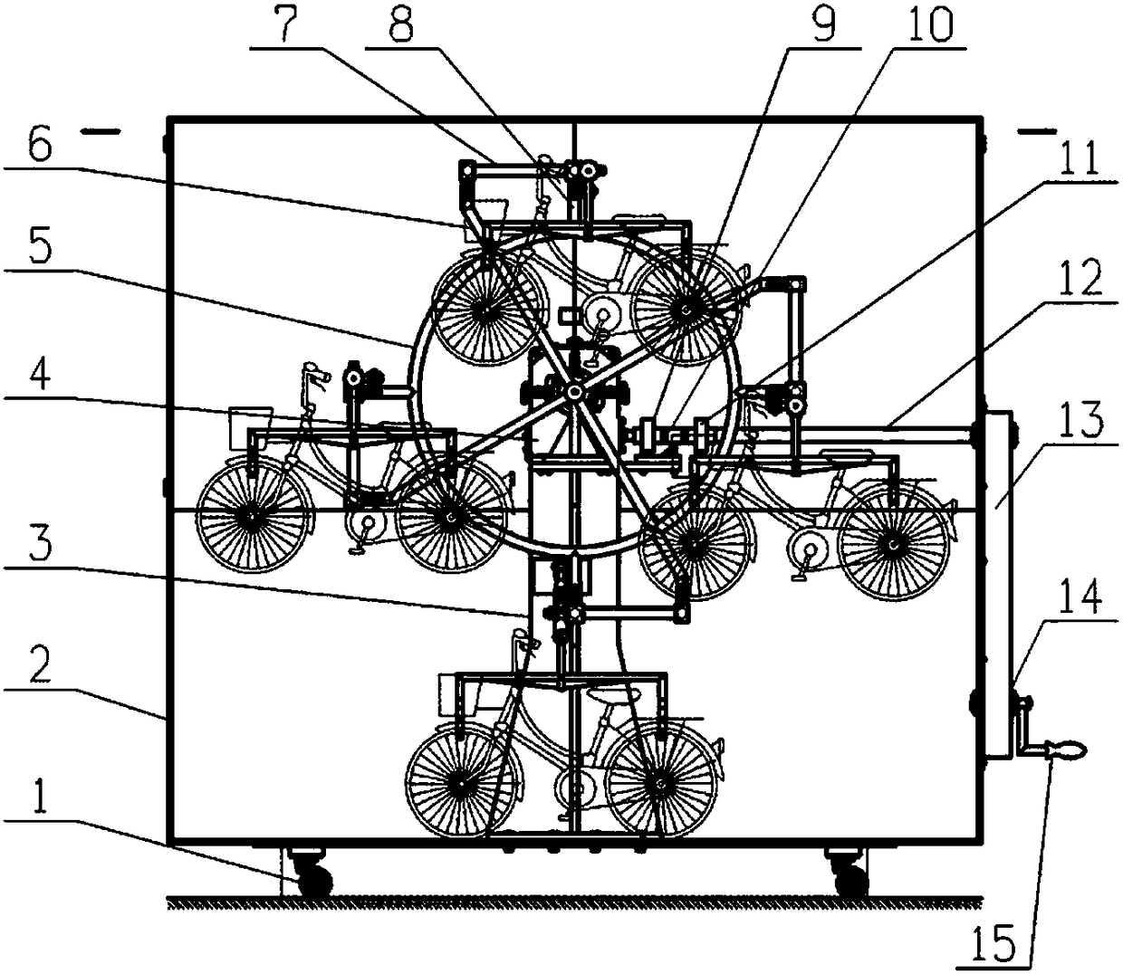 Double-rotation worm drive type shared bike storage device with swinging hanging arms