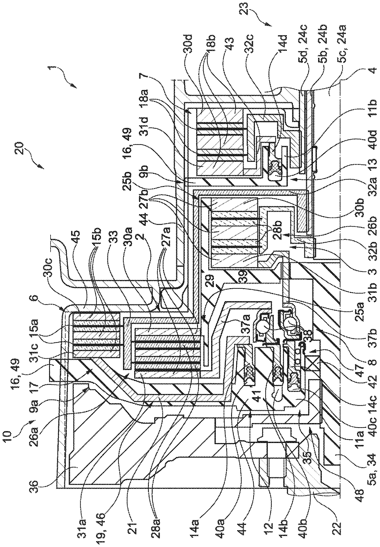 Actuating arrangement having four actuating members, clutch and brake system, hybrid module, and drive train