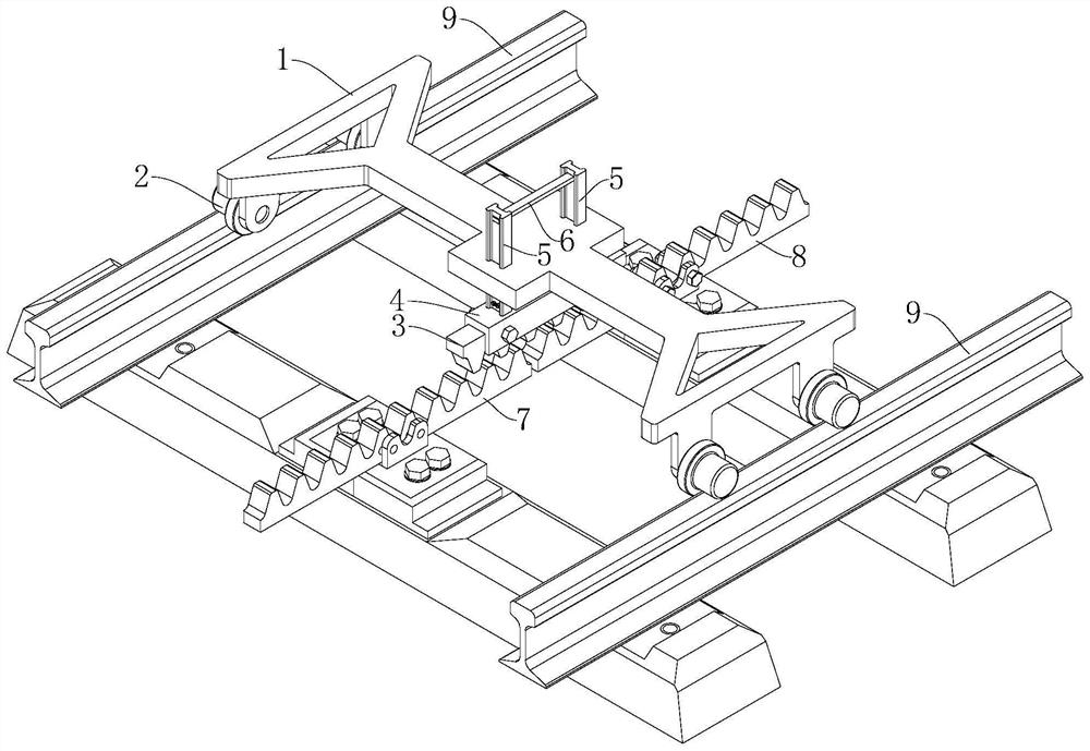 Adjacent rack rail mounting and adjusting appliance for rack rail railway
