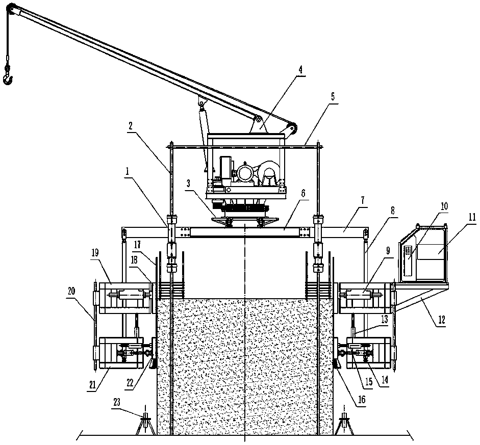 Sliding mold construction device with crane and construction method thereof