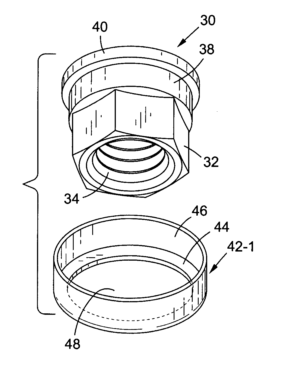 Counter-bored hex nut with captivated washer