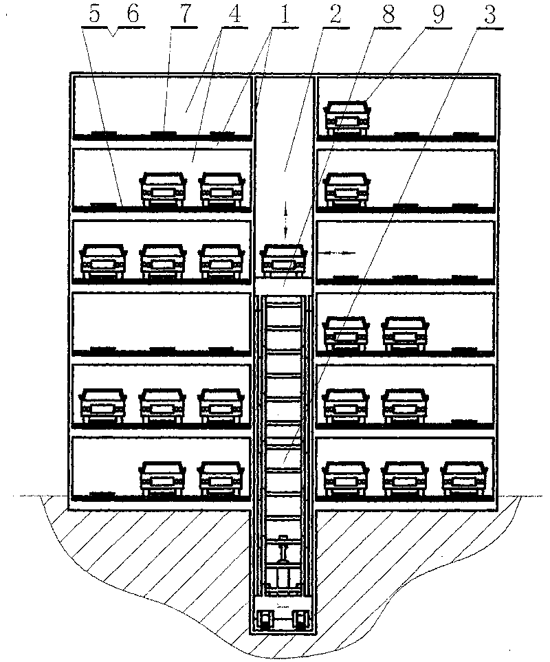 Raceway-parallel storing type parking equipment using shears-fork type buck stacker