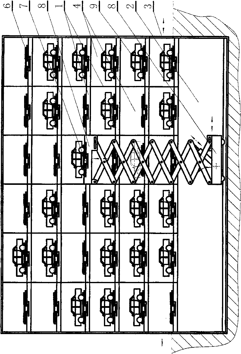 Raceway-parallel storing type parking equipment using shears-fork type buck stacker