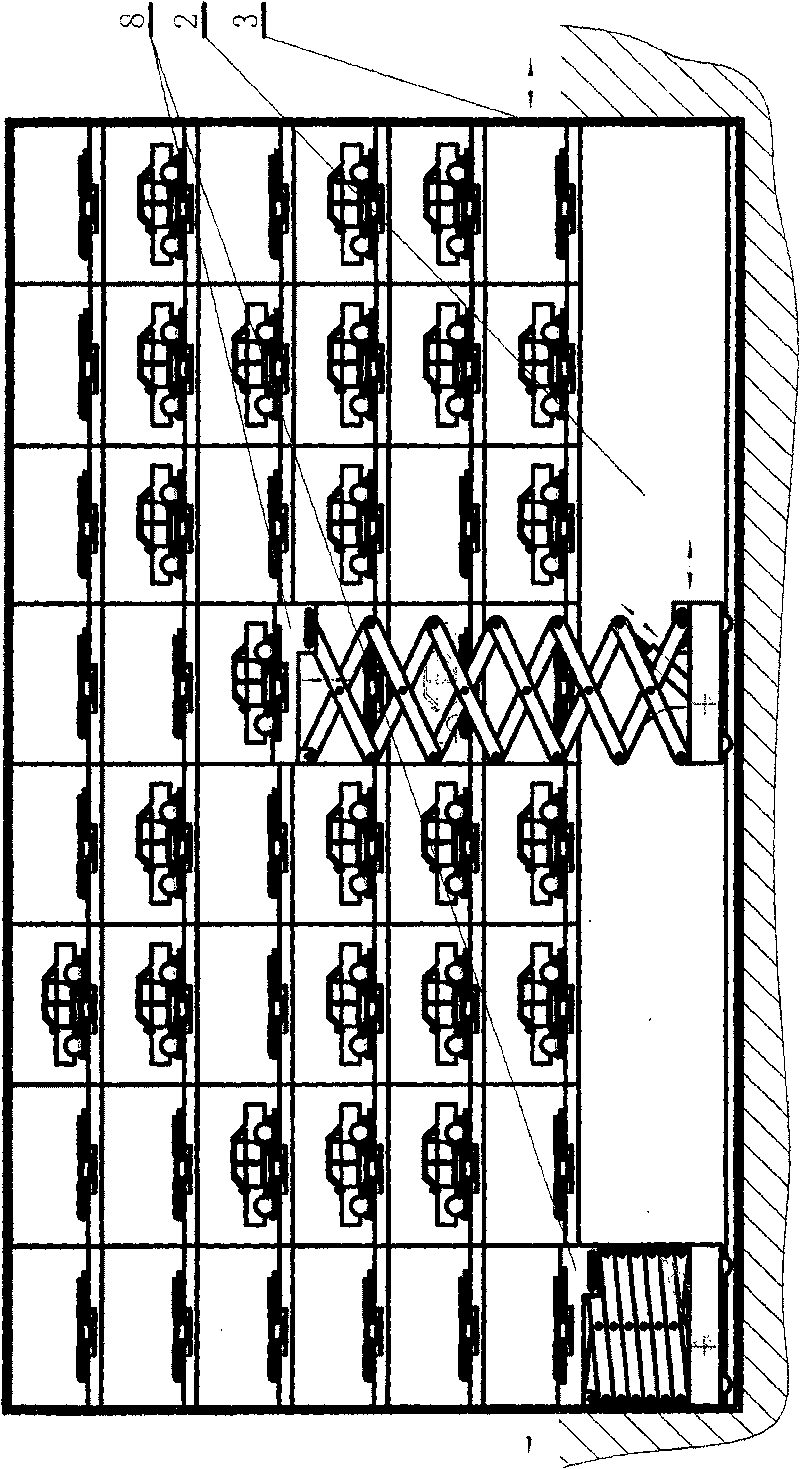 Raceway-parallel storing type parking equipment using shears-fork type buck stacker