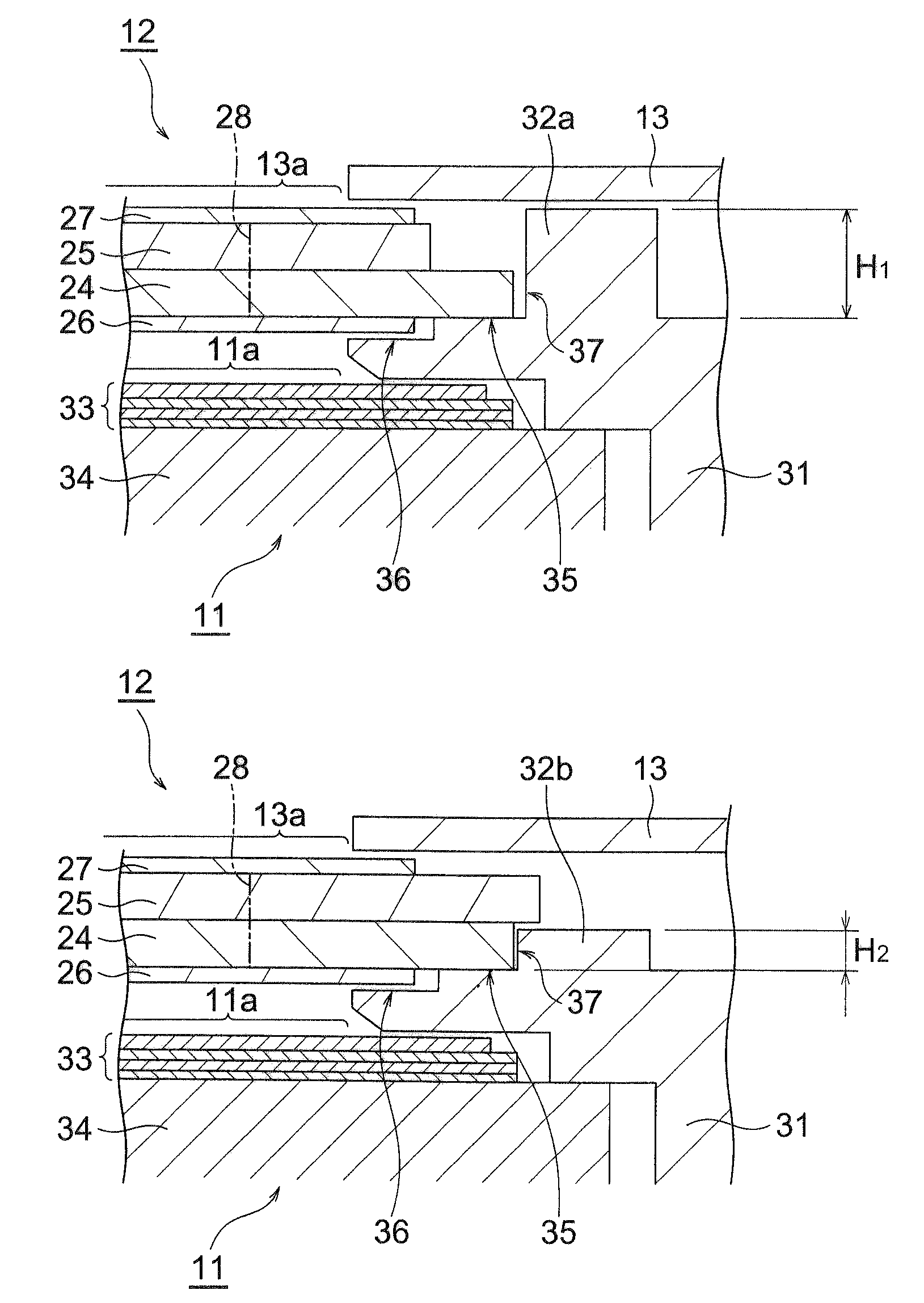 Display device comprising a first positioning wall having a height larger than the height of the bonding surface of the substrates and a second positioning wall having a height smaller than the height of the bonding surface
