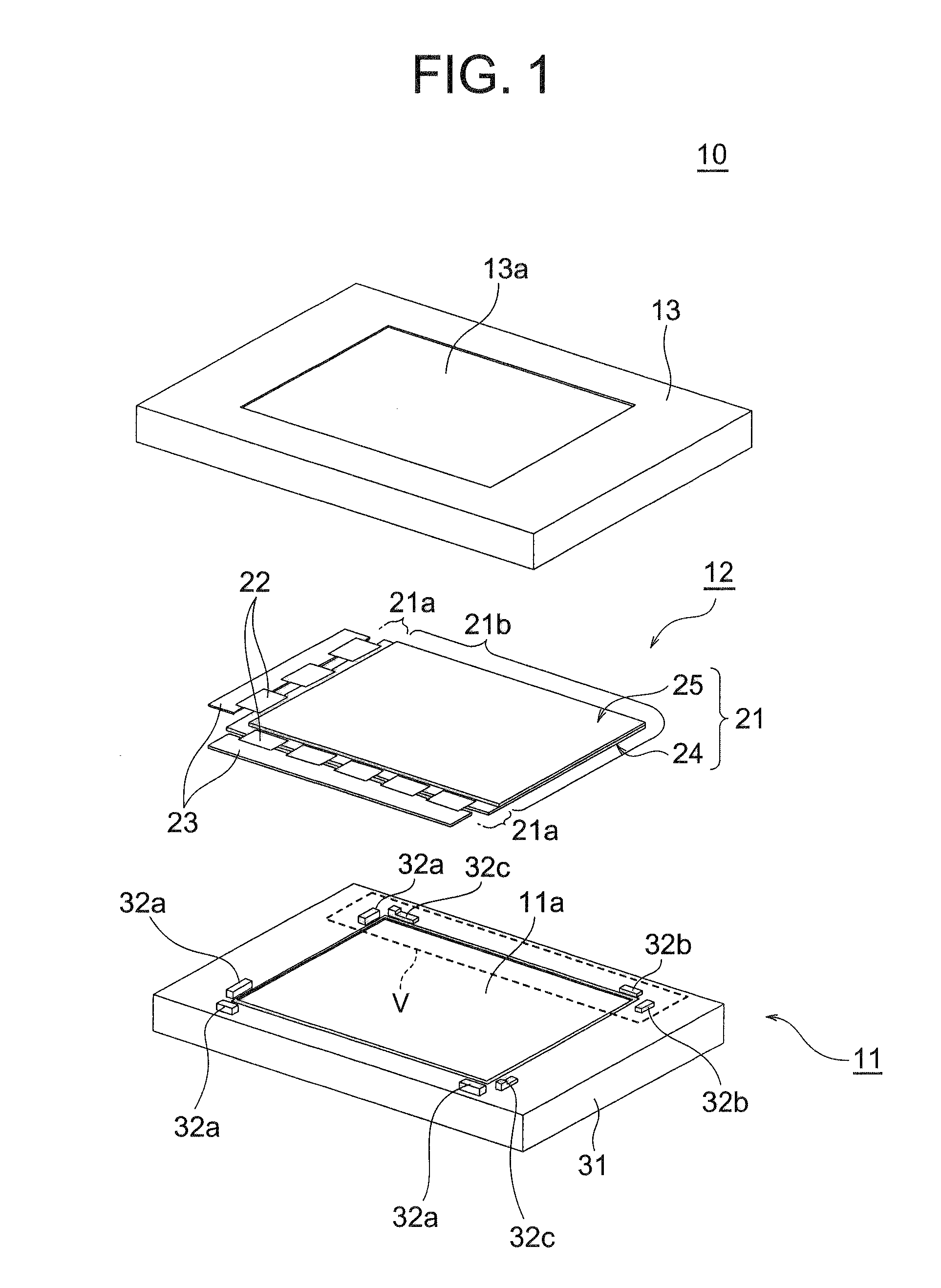 Display device comprising a first positioning wall having a height larger than the height of the bonding surface of the substrates and a second positioning wall having a height smaller than the height of the bonding surface