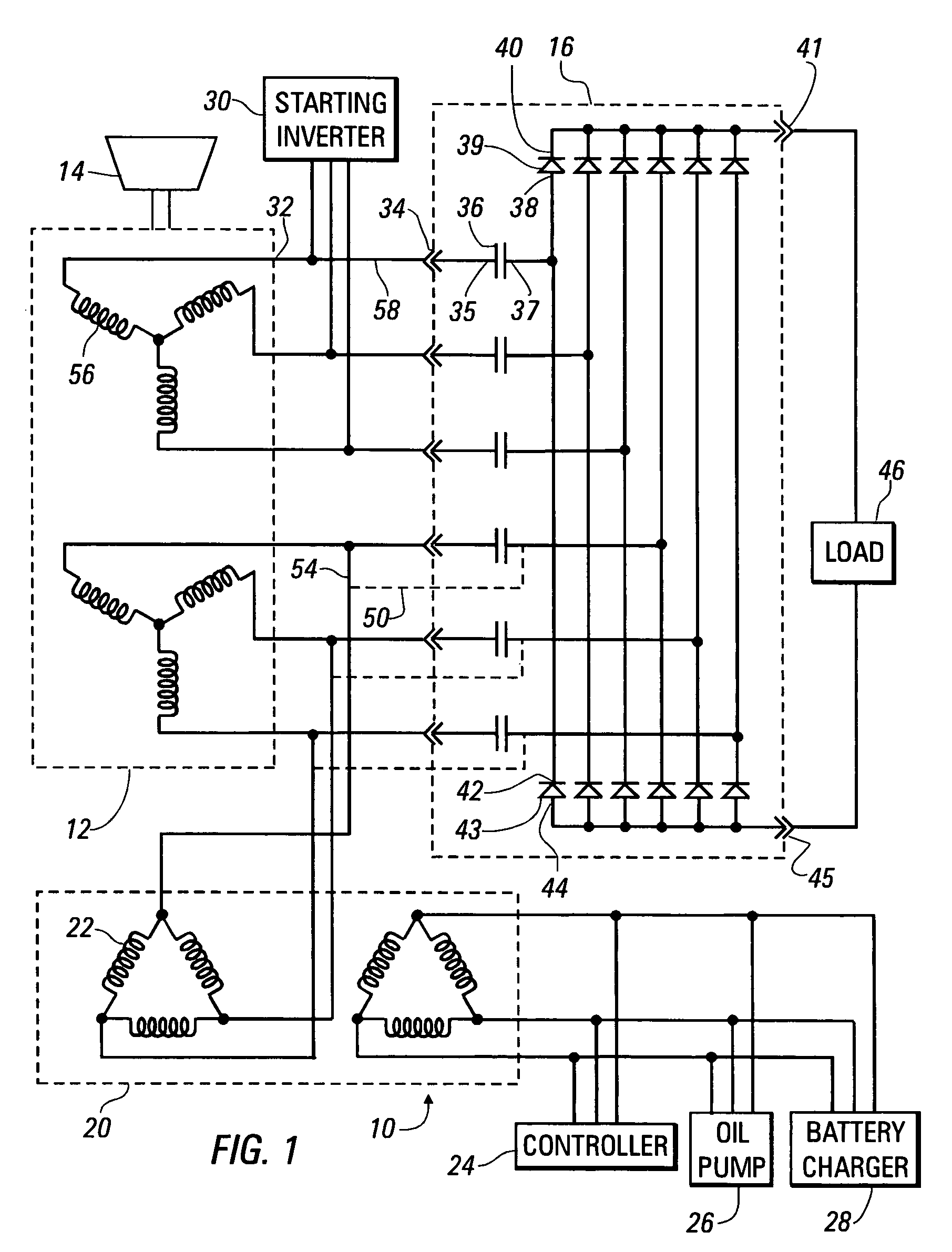 Power generating system including a high-frequency alternator, a rectifier module, and an auxiliary power supply