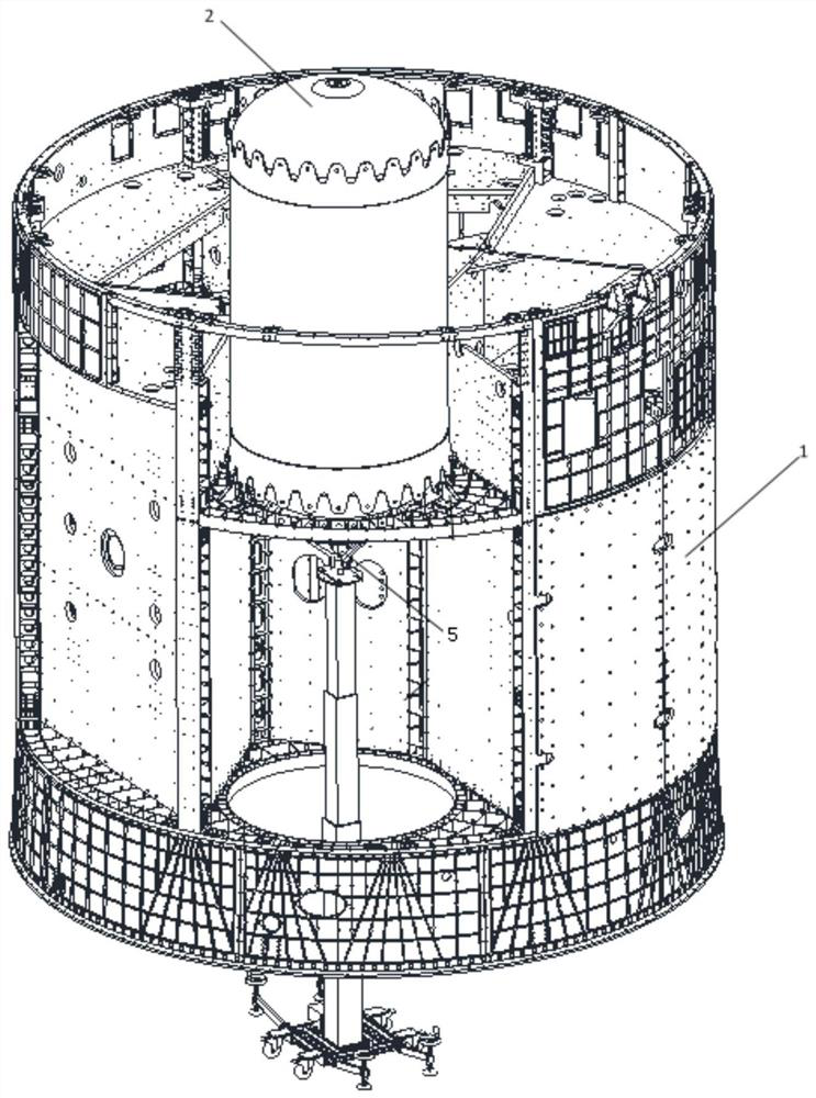 A guide device for assembly of a large storage tank of a spacecraft and its use control method