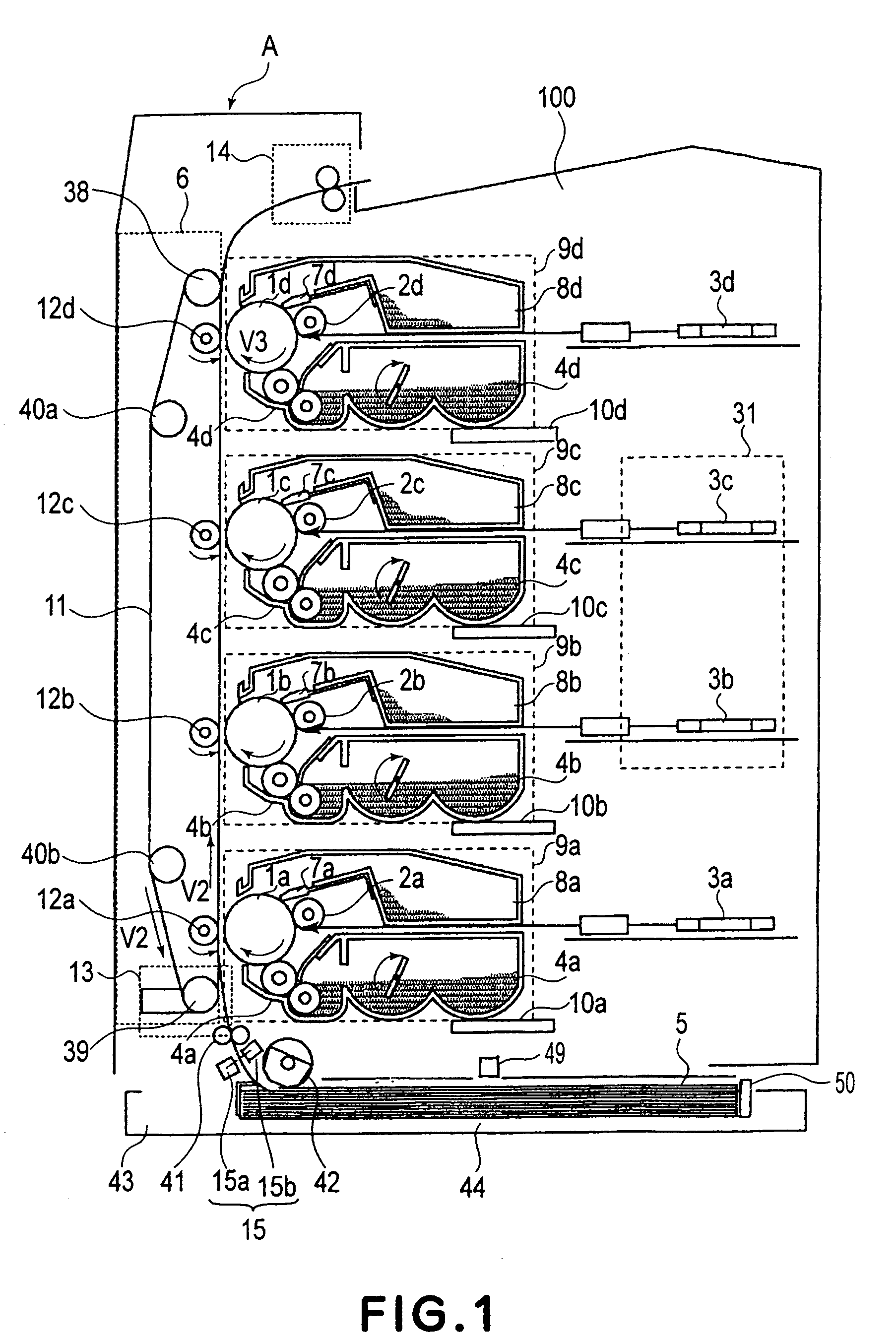 Image forming apparatus switching developing rollers of mounted process cartridges between contact and spaced states and switching the contact position of a feeding belt contactable to drums of the mounted cartridges