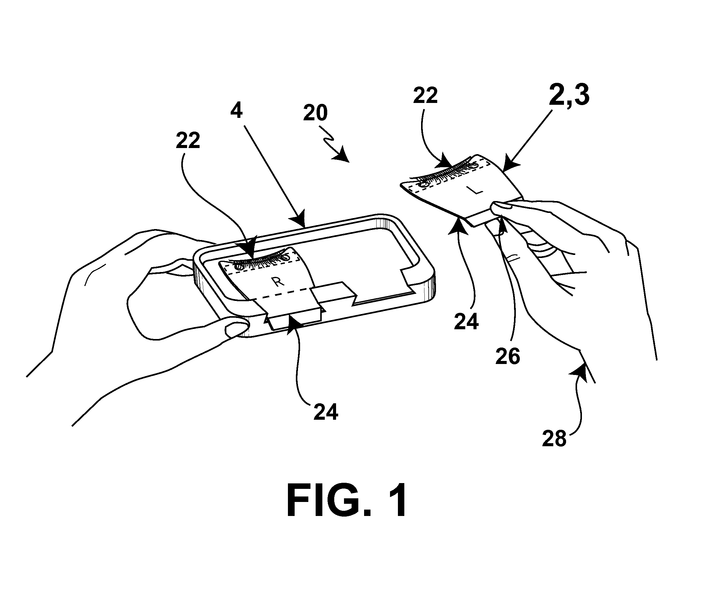 Combined tray and applicator for holding and facilitating application of false eyelashes
