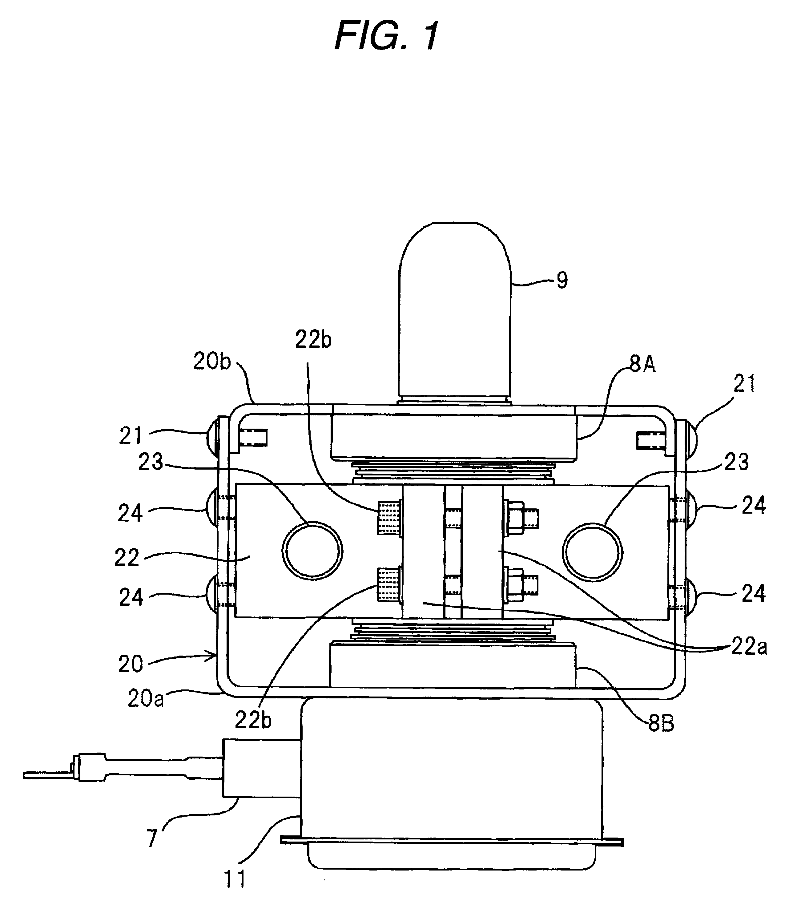 Magnetron with relatively fixed yoke and cooling block by means of a cushioning material and fixing member