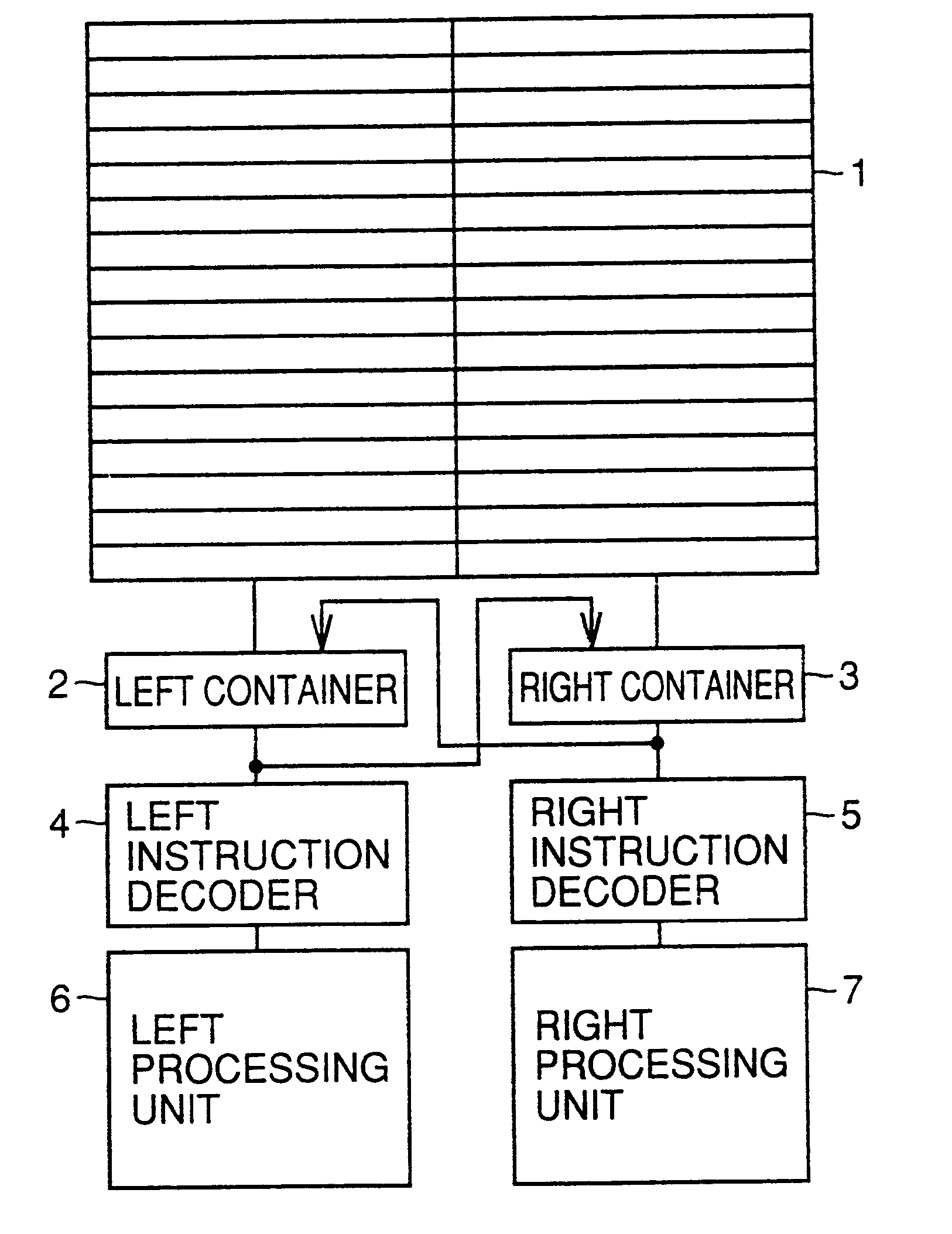 VLIW processor for exchanging and inputting sub-instructions to containers, and code compression device and method for compressing program code
