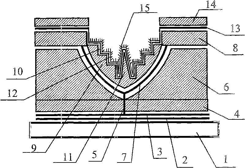 Planar display device with internal-concaved lowr-grid controlled stair cathode structure and its production