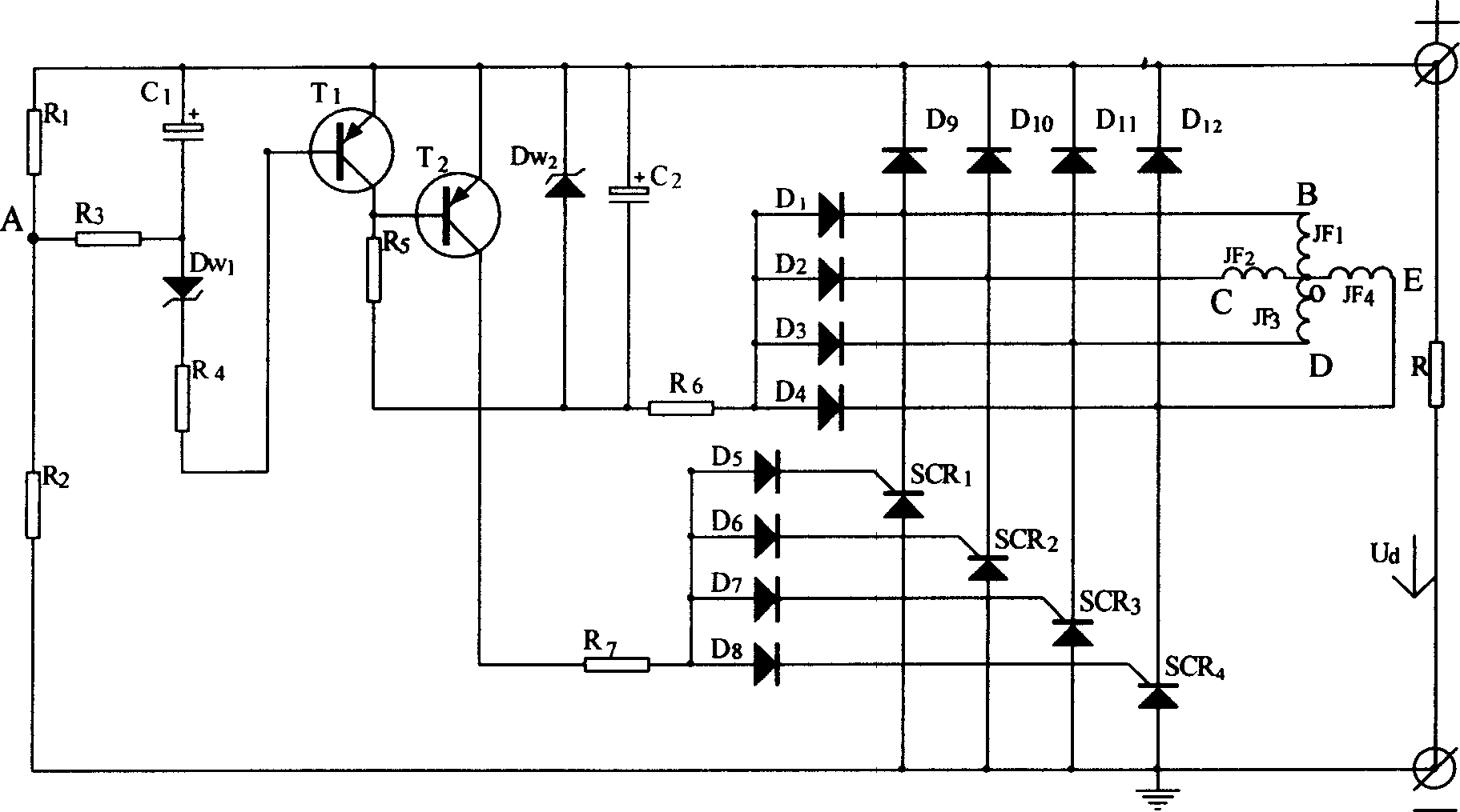 Four phase semi control bridge type rectifier voltage stabilizer for automobile