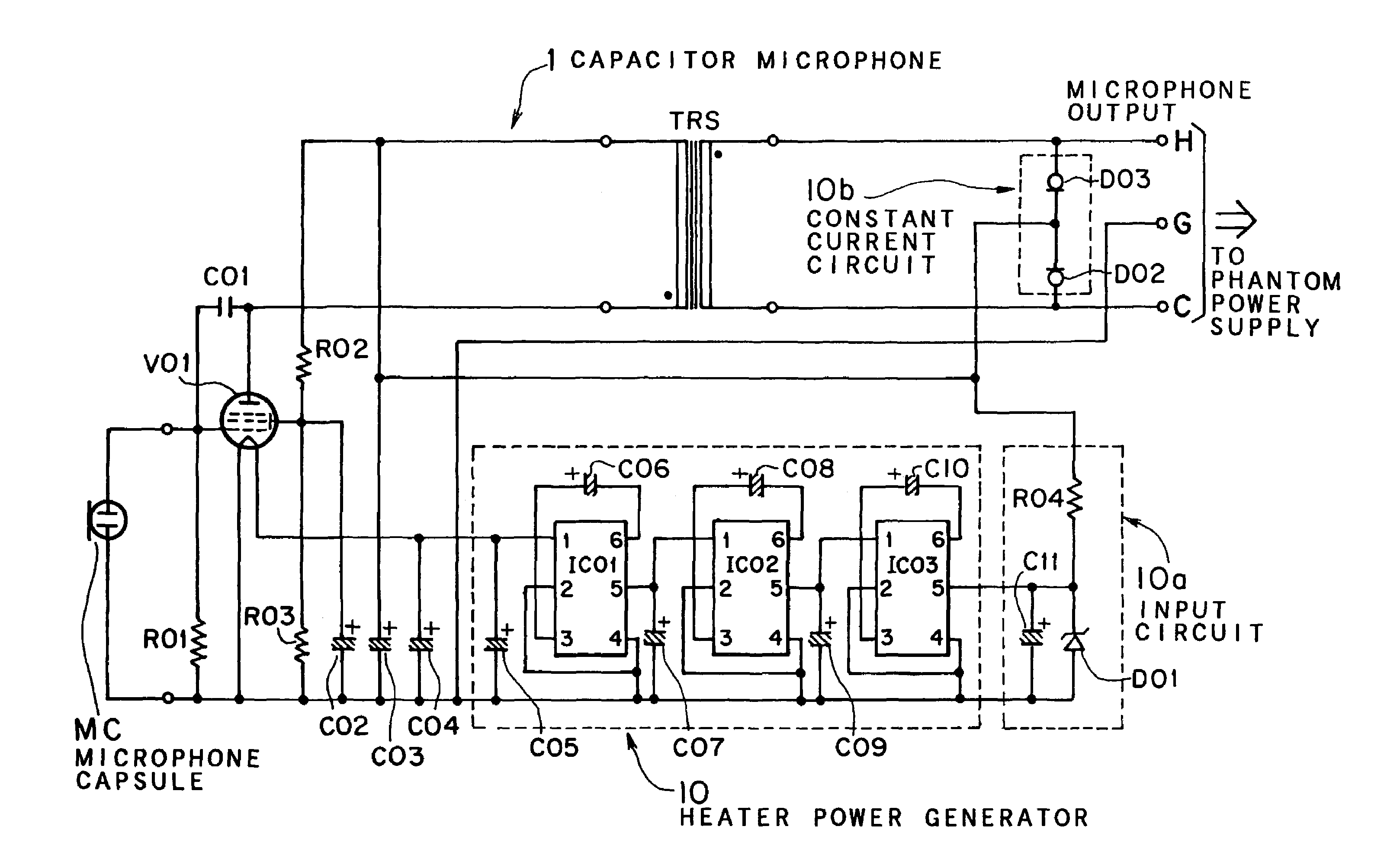 Phantom powered capacitor microphone and a method of using a vacuum tube in the same