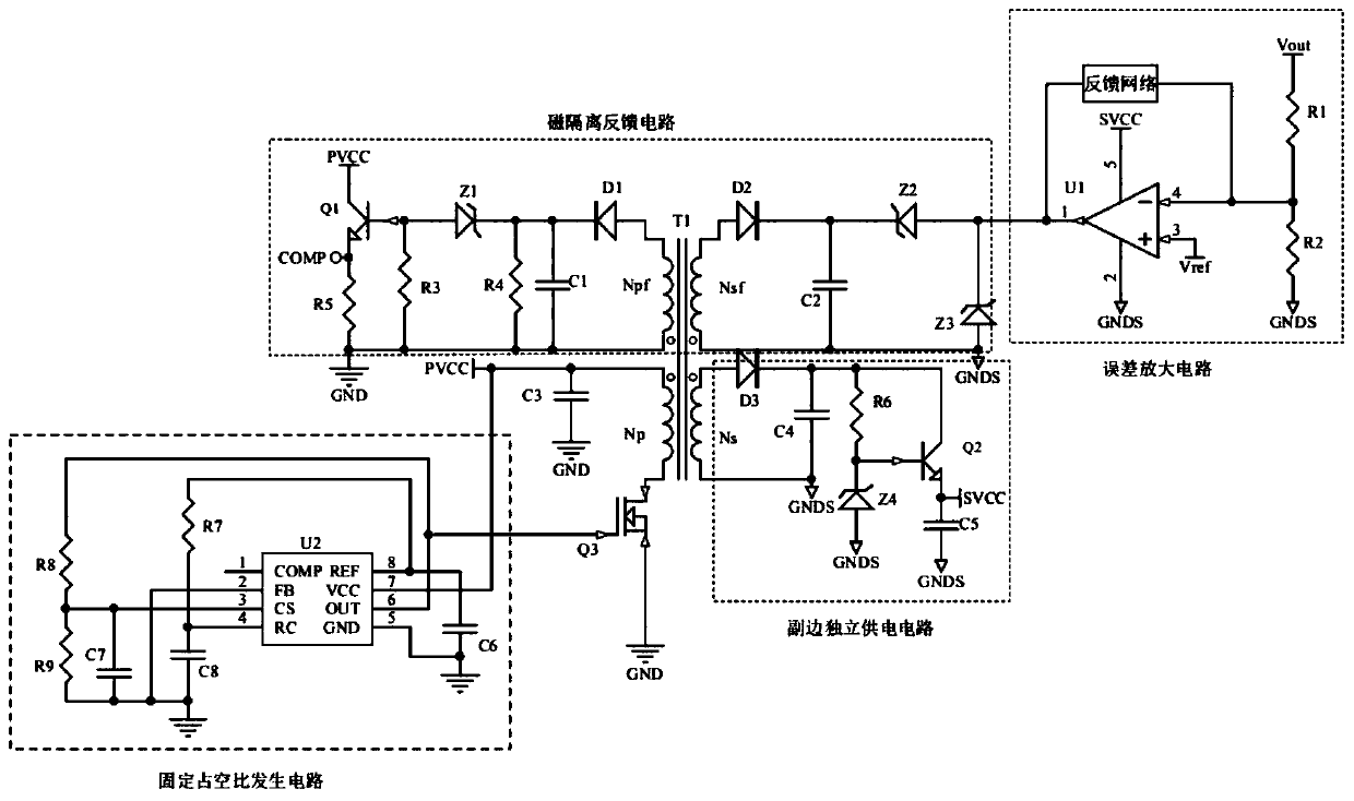 Circuit for realizing magnetic isolation feedback and secondary-side independent power supply