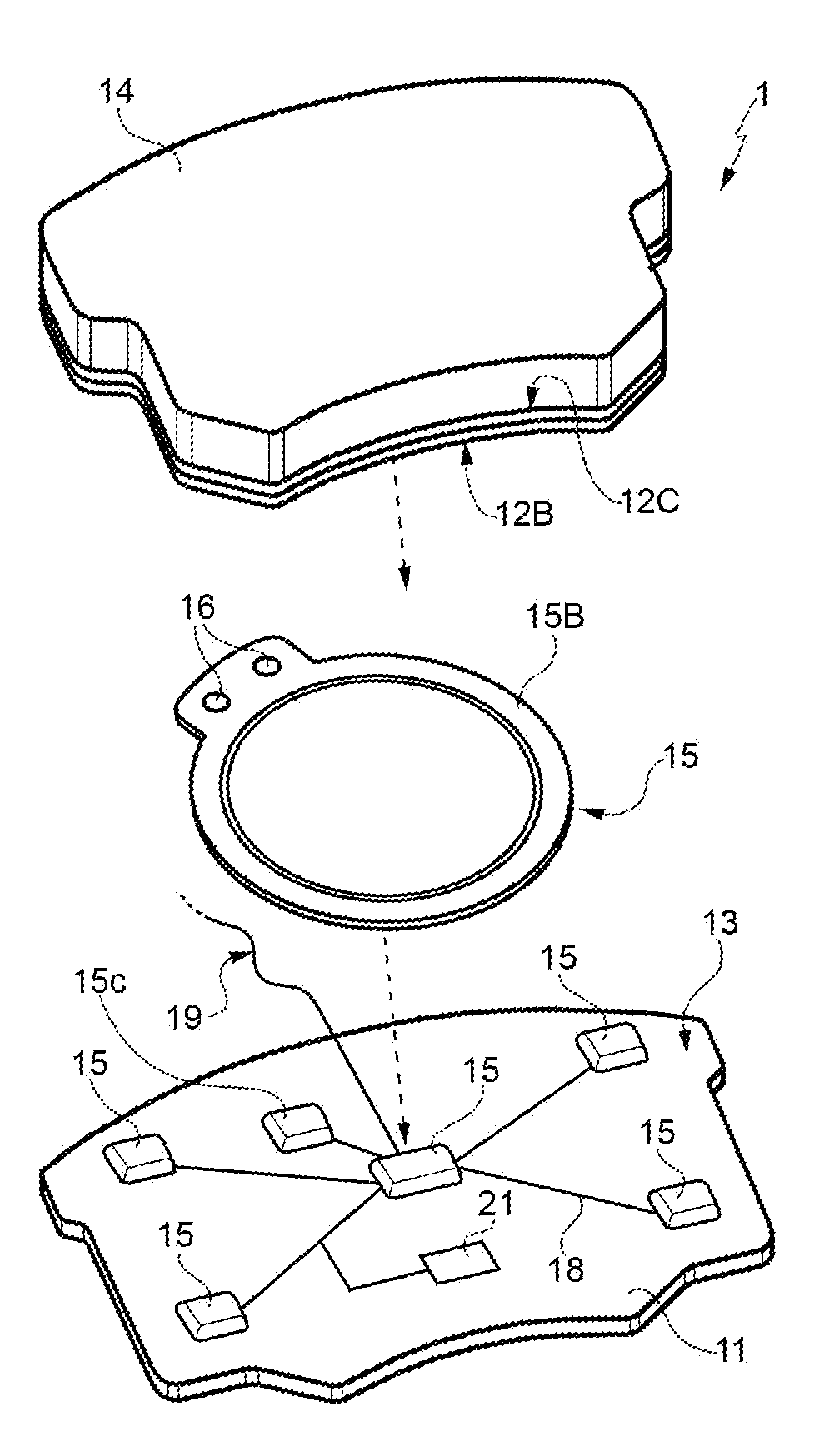 Method for manufacturing a braking element with integrated sensor, in particular a brake pad, brake pad with integrated sensor, vehicle braking system and associated method