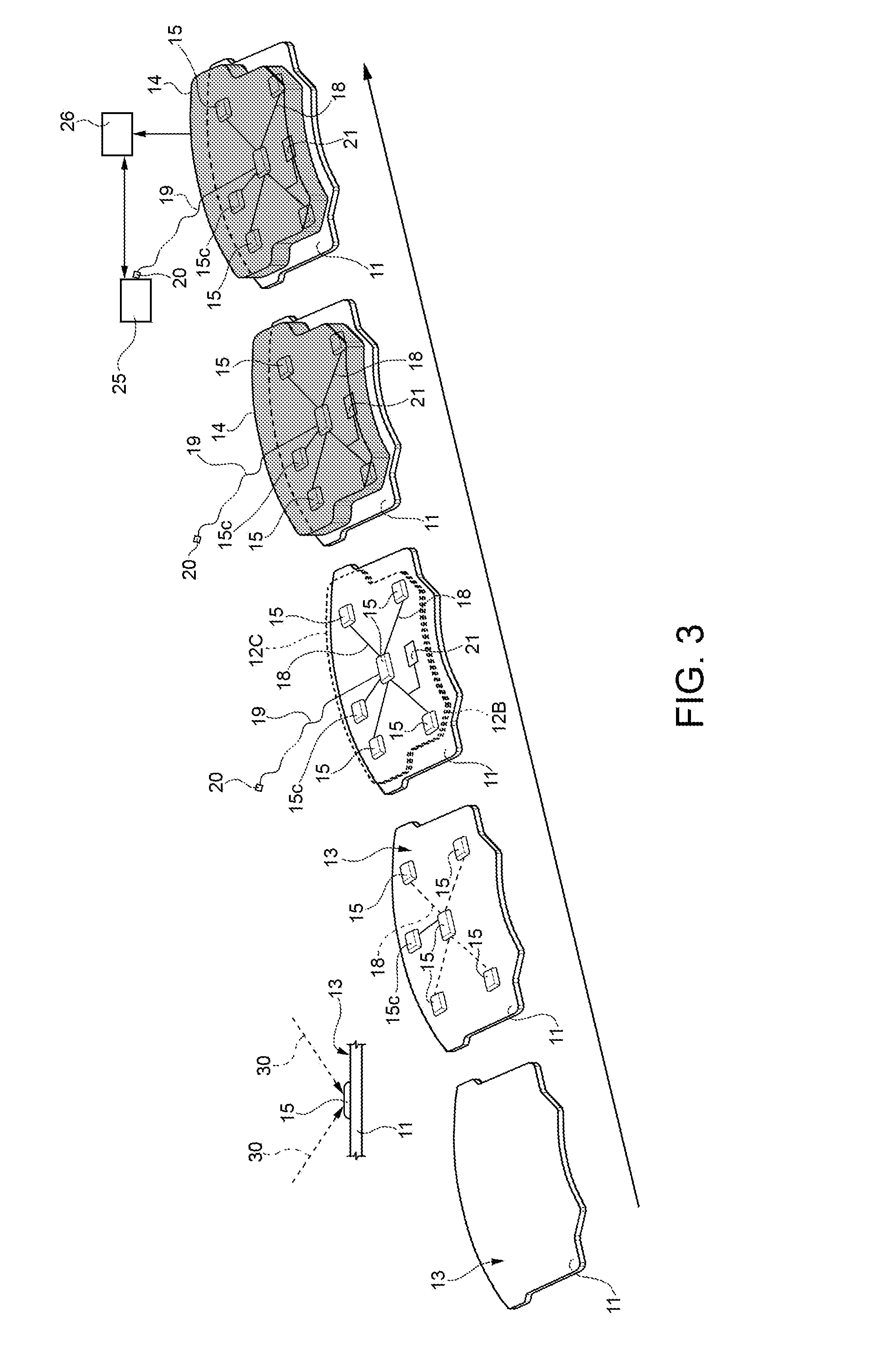 Method for manufacturing a braking element with integrated sensor, in particular a brake pad, brake pad with integrated sensor, vehicle braking system and associated method