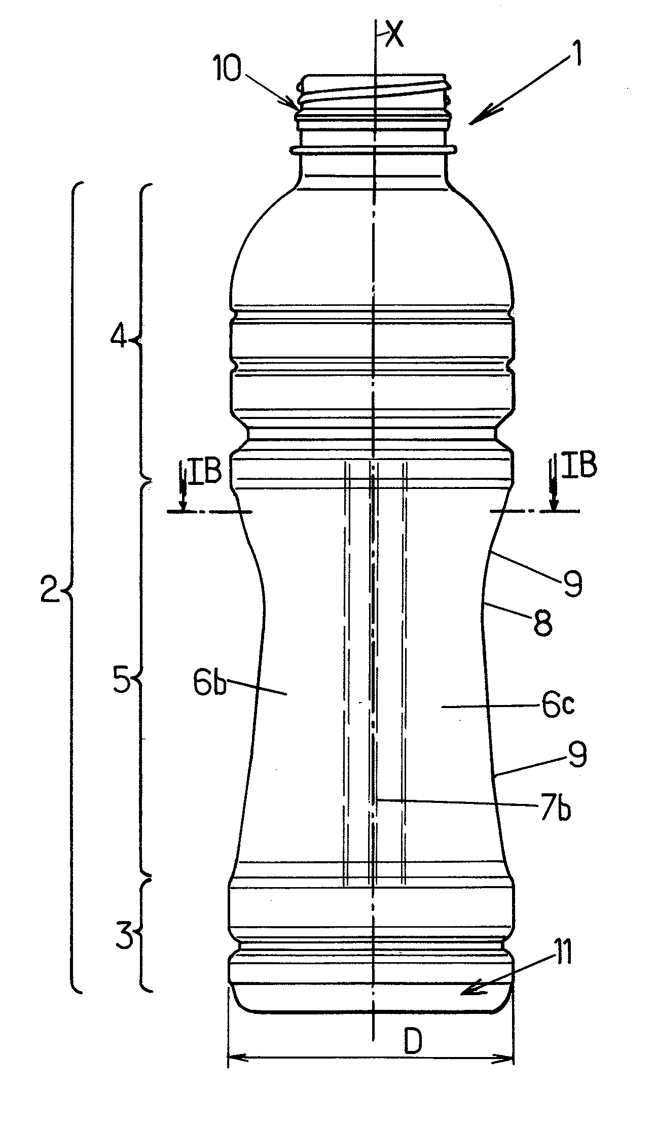 Thermoplastic container, in particular a bottle, having a partially prismatic triangular body