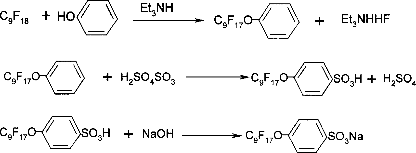 Method of synthesizing sodium p-perfluorous nonenoxybenzenesulfonate