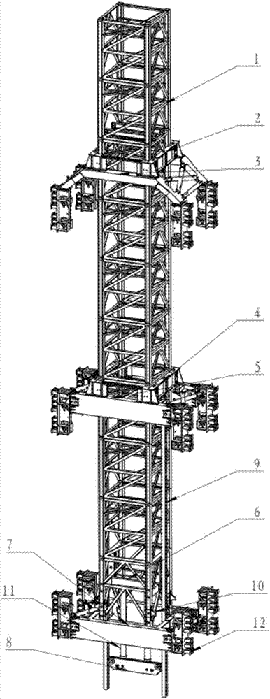 Integrated inner climbing type tower crane supporting device without upstanding beam and implementing method