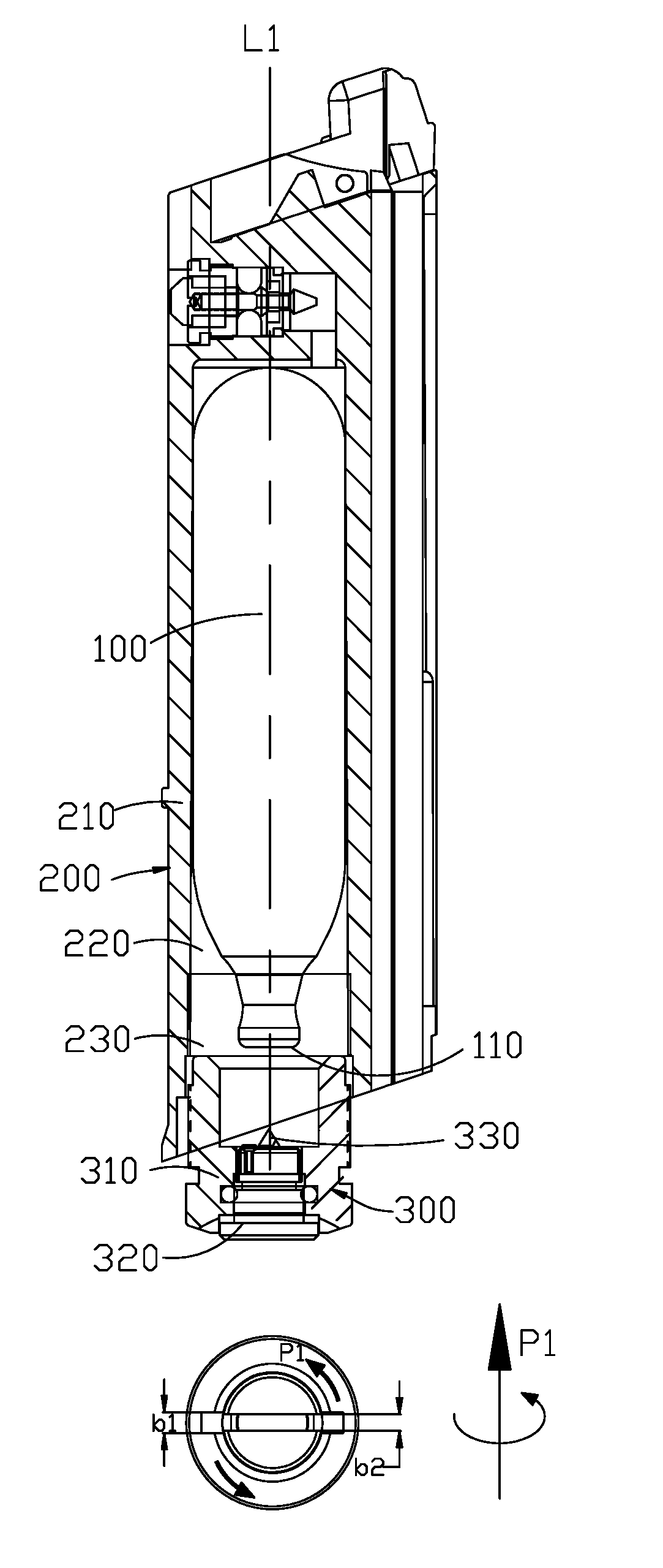 Piercing device for gas bottle, magazine and pistol comprising the same