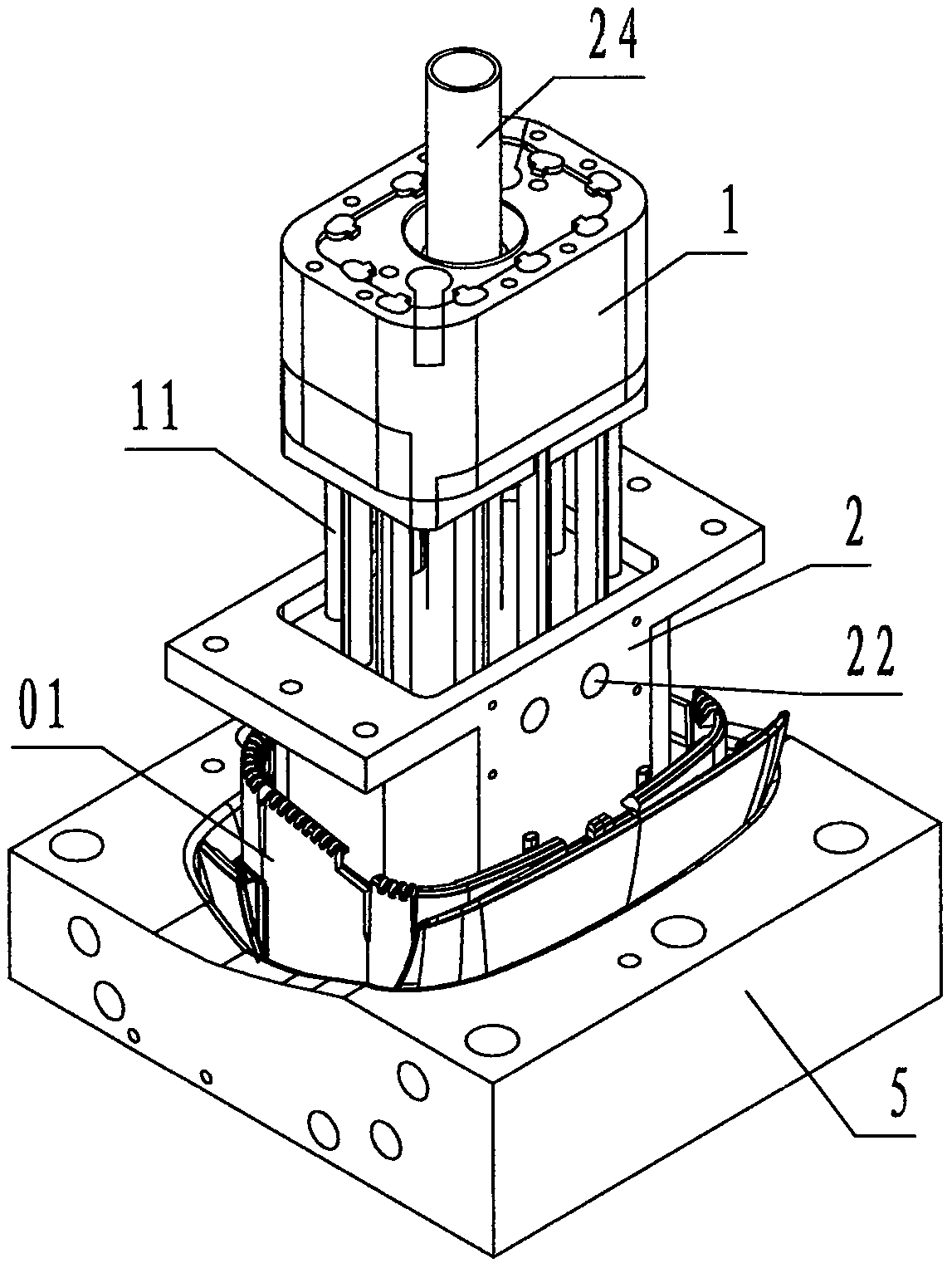 A hot air fusion welding riveting device provided with an air inlet channel and an air exhaust channel