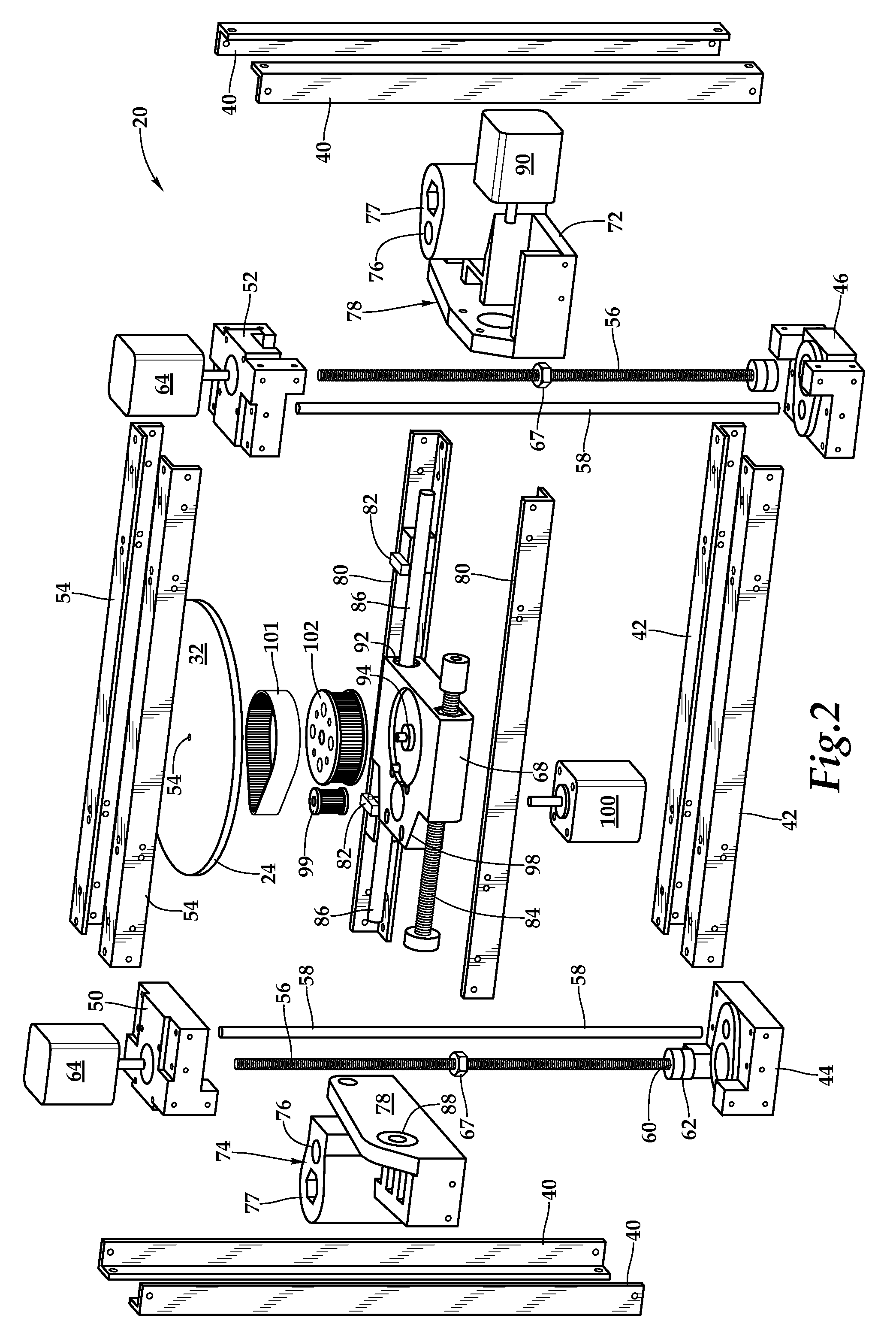 Fixed printhead fused filament fabrication printer and method