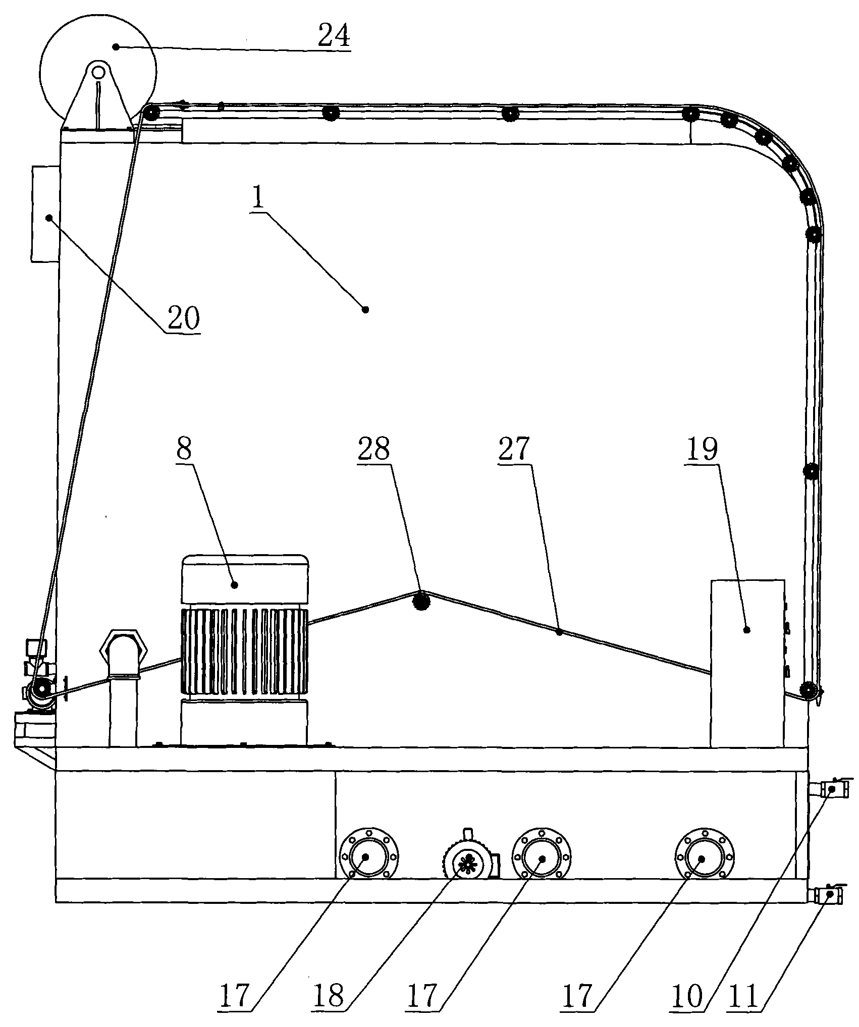 Device for automatically cleaning and rinsing heavy equipment and parts