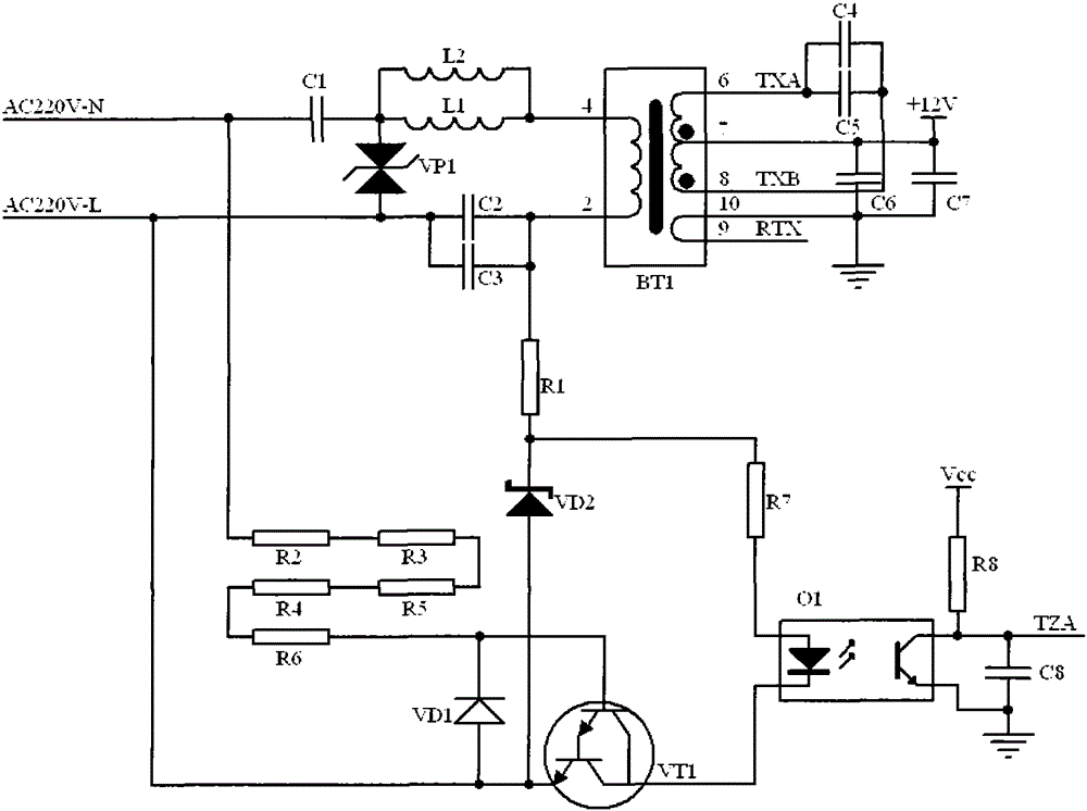 An AC mains isolated zero-crossing detection circuit combined with low-voltage power line carrier communication signal coupling