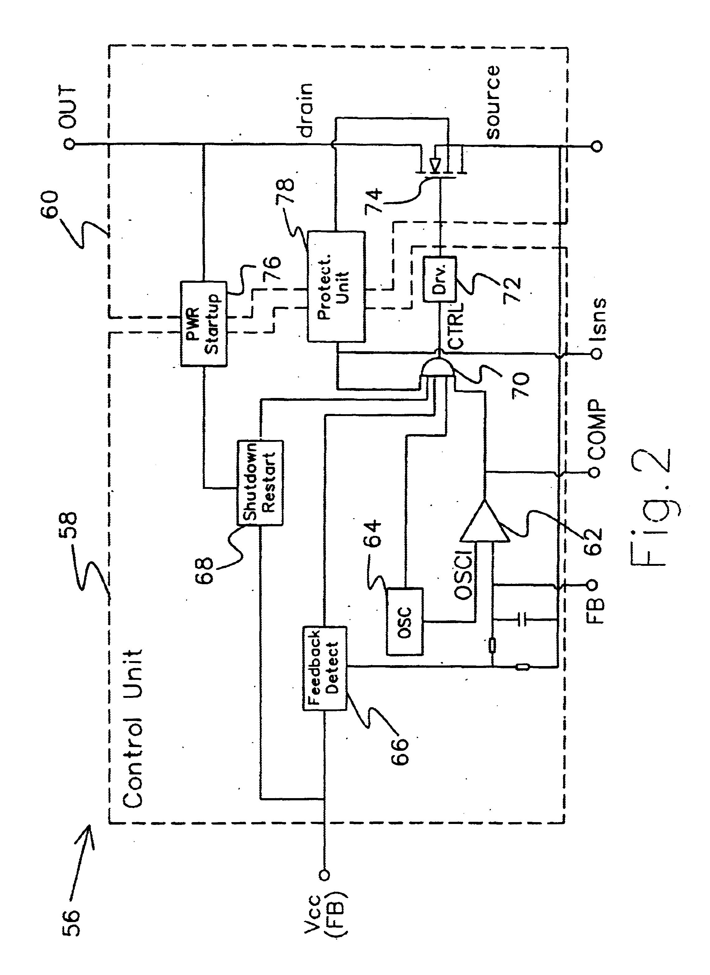 Power chip set for a switching mode power supply having a device for providing a drive signal to a control unit upon startup