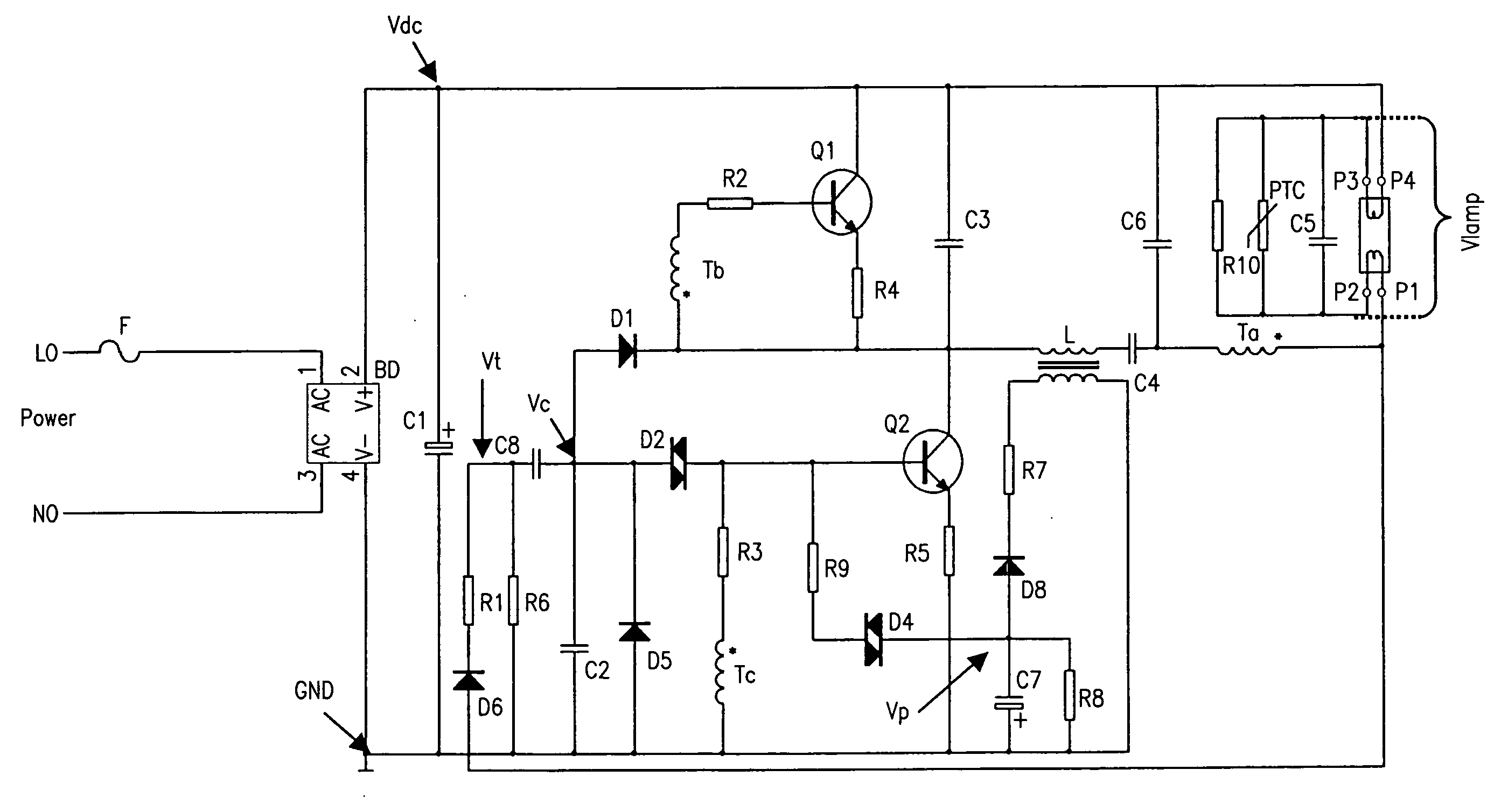 Circuit of the electronic ballast with the capability of automatic restart