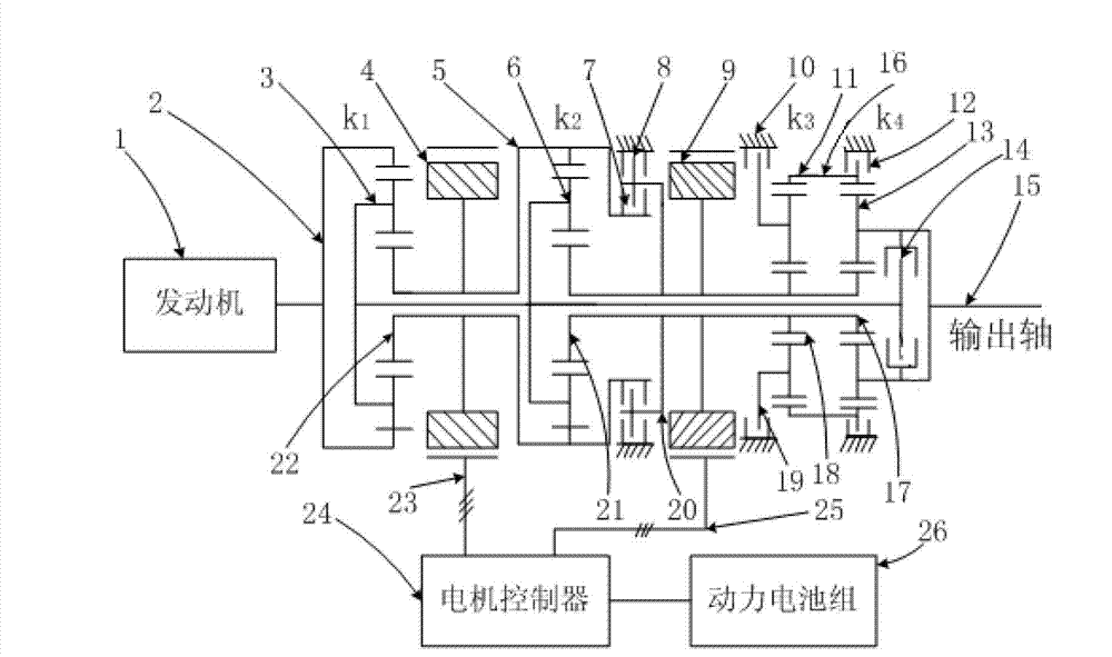 Three-section-type electromechanical composite stepless transmission device for wheel-type load-carrying vehicle