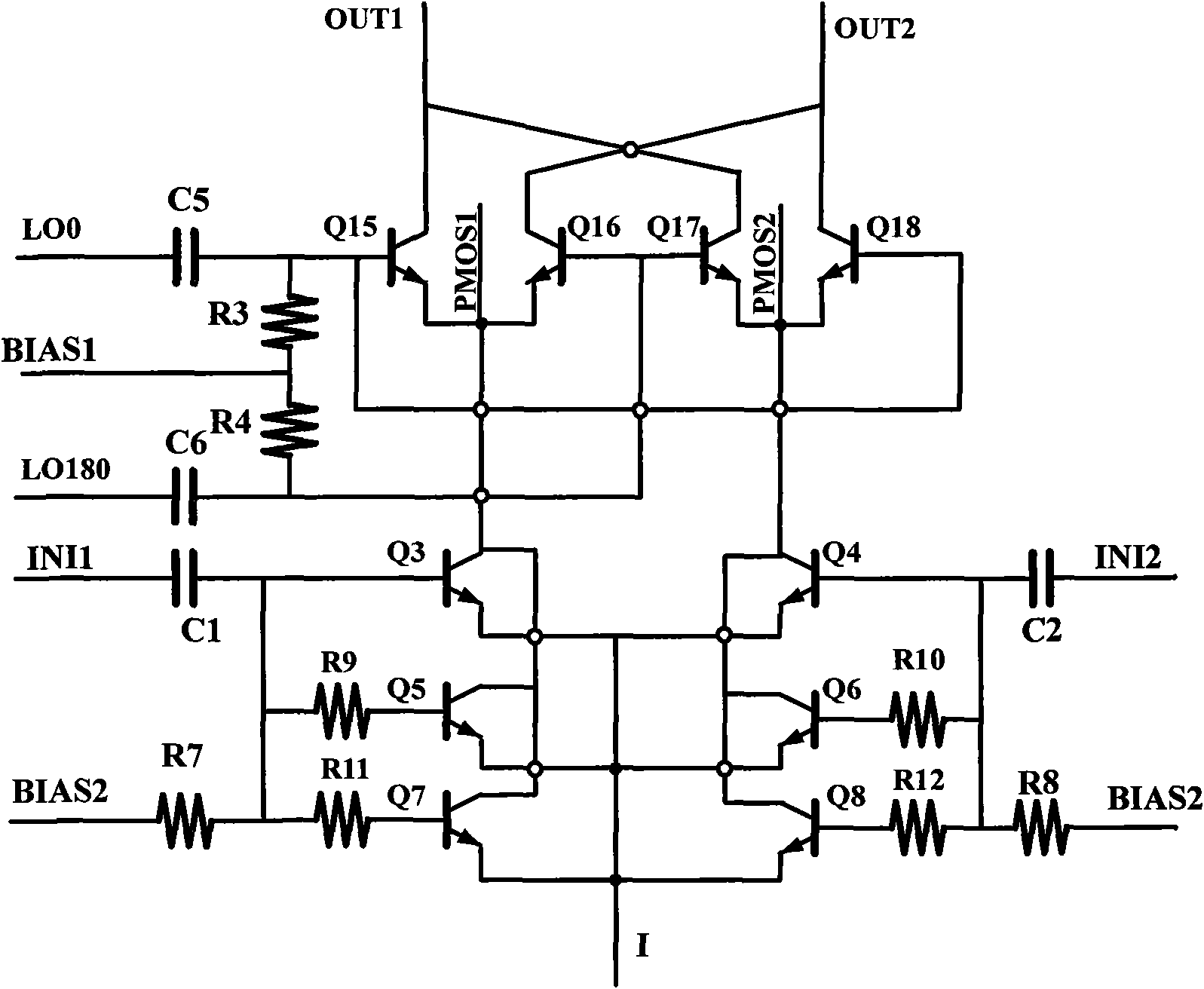 Improved double Gilbert structure radio-frequency orthogonal upper frequency mixer