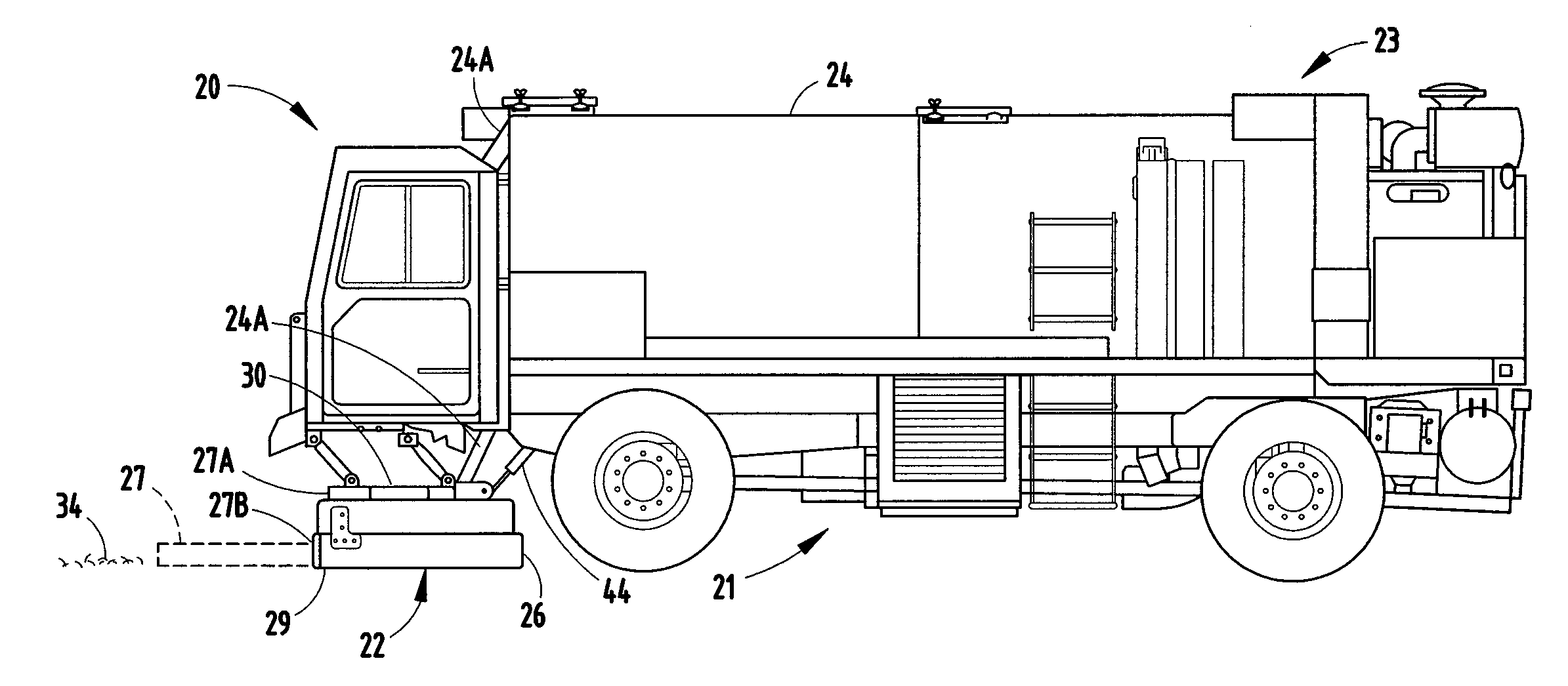 Vacuum truck with collapsible scraper and pivot relief