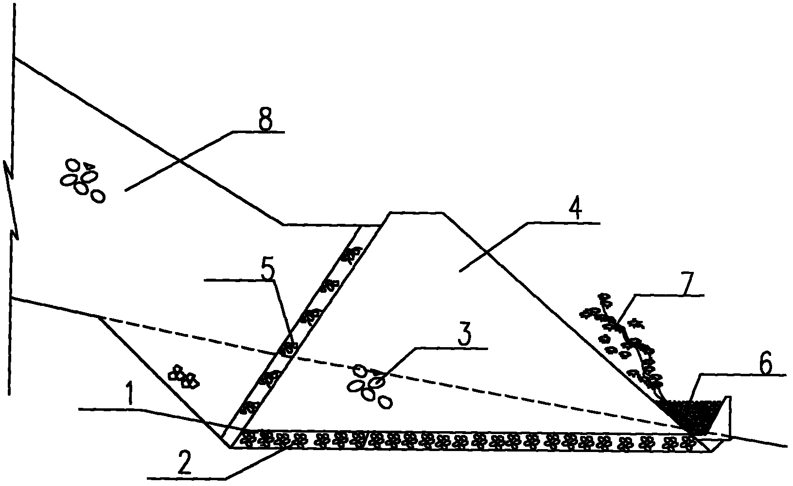 Debris retaining structure for debris fields and construction method thereof