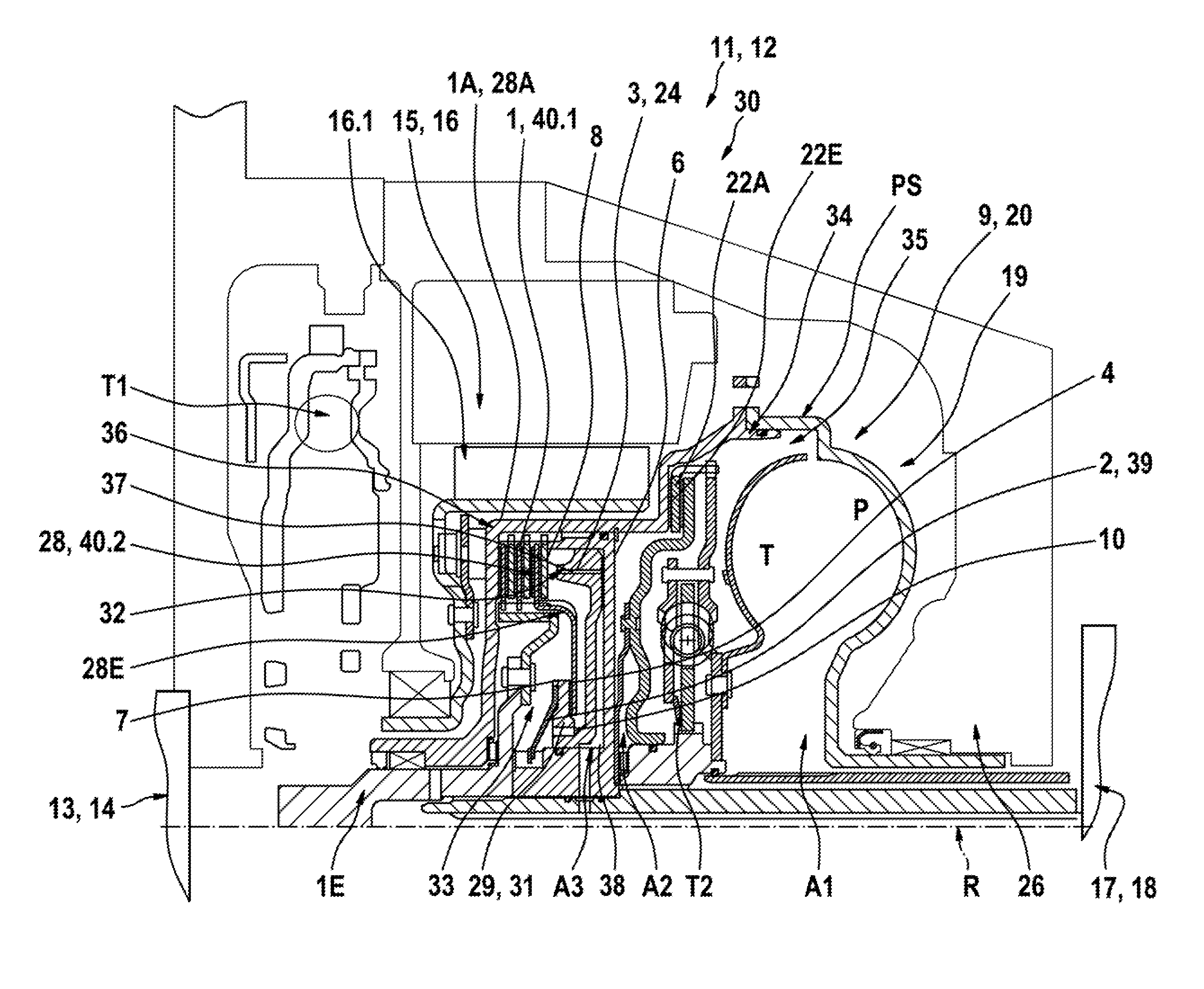 Shiftable clutch device, particularly friction wet clutch, drive train for a hybrid system and method for operating the drive train and vehicle including the drive train