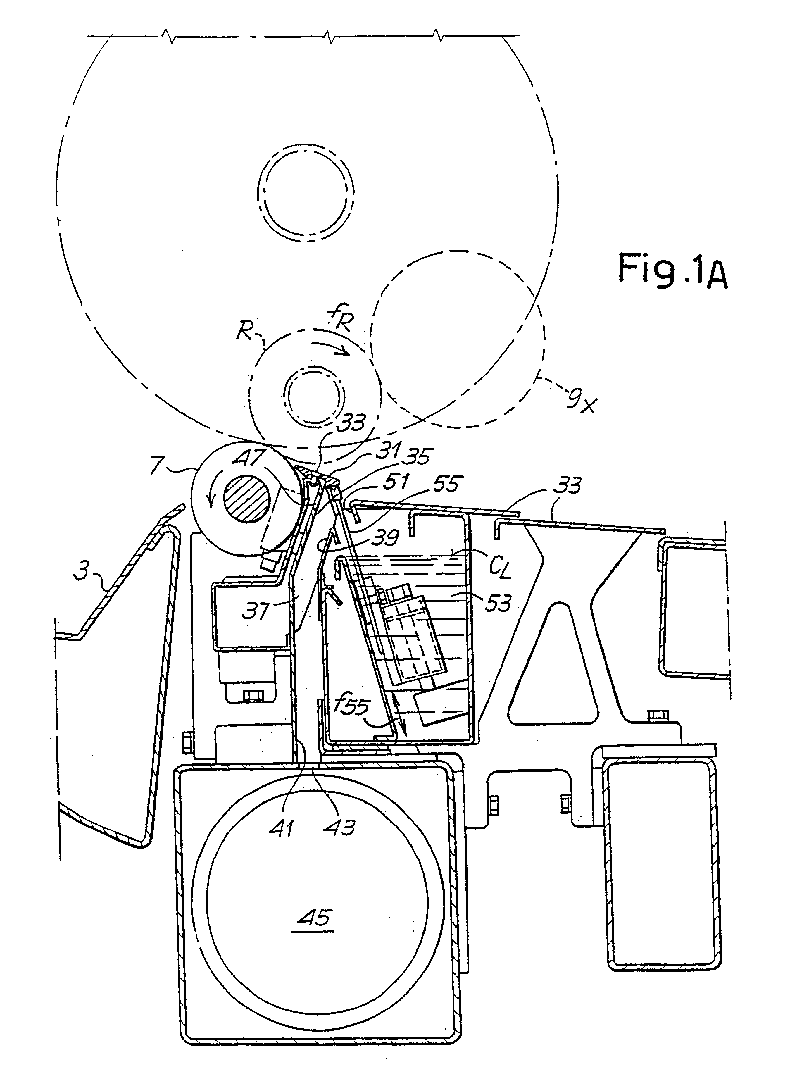 Device for gluing rolls of web material and associated method