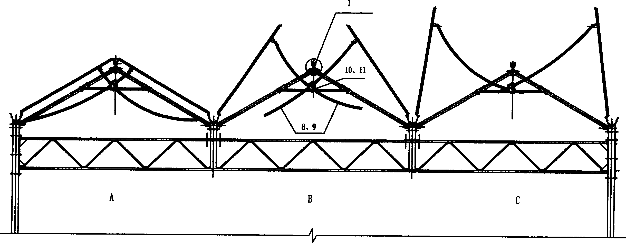 Open top structure of greenhouse with gutter ridge