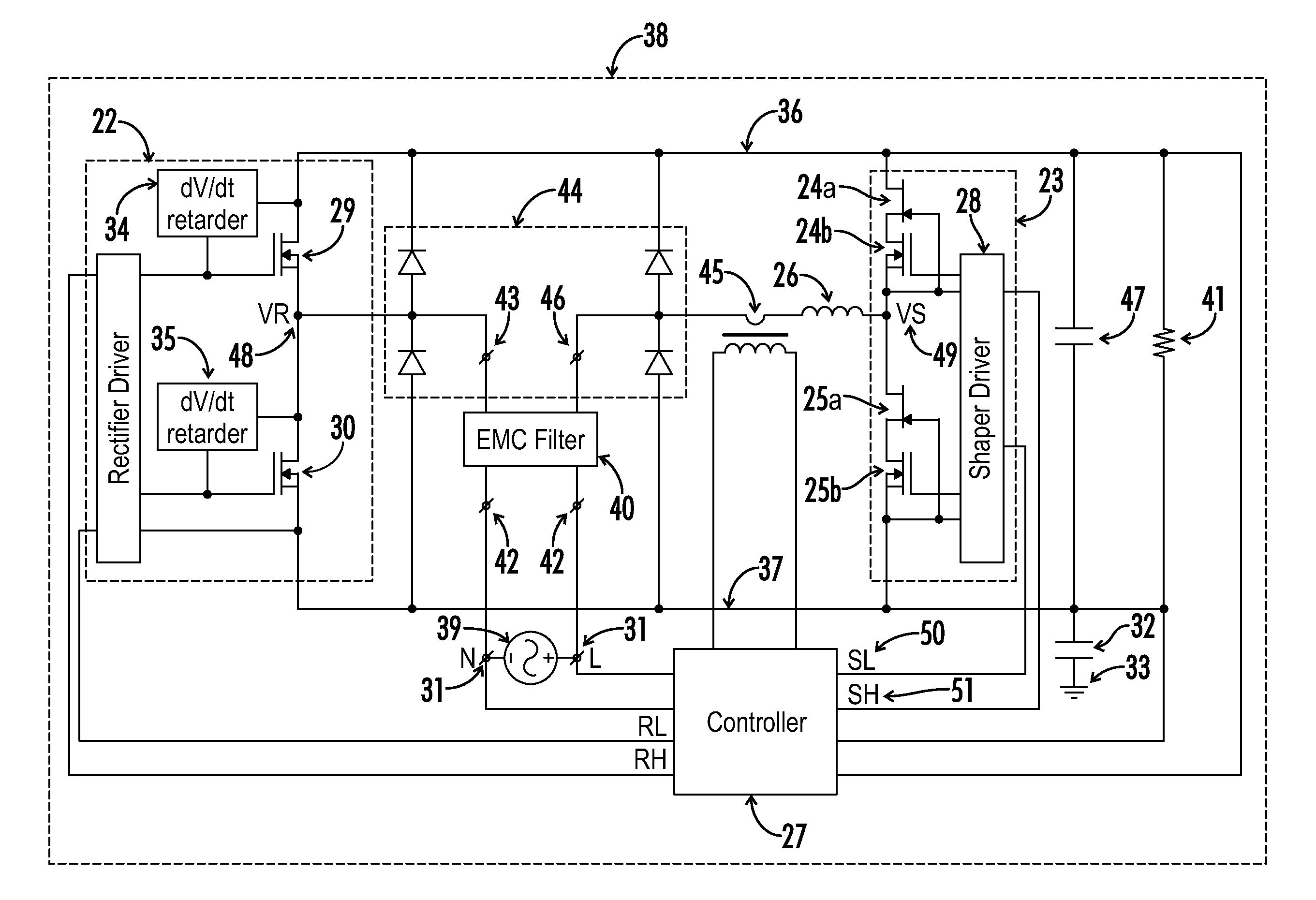 Power converter with non-symmetrical totem pole rectifier and current-shaping branch circuits