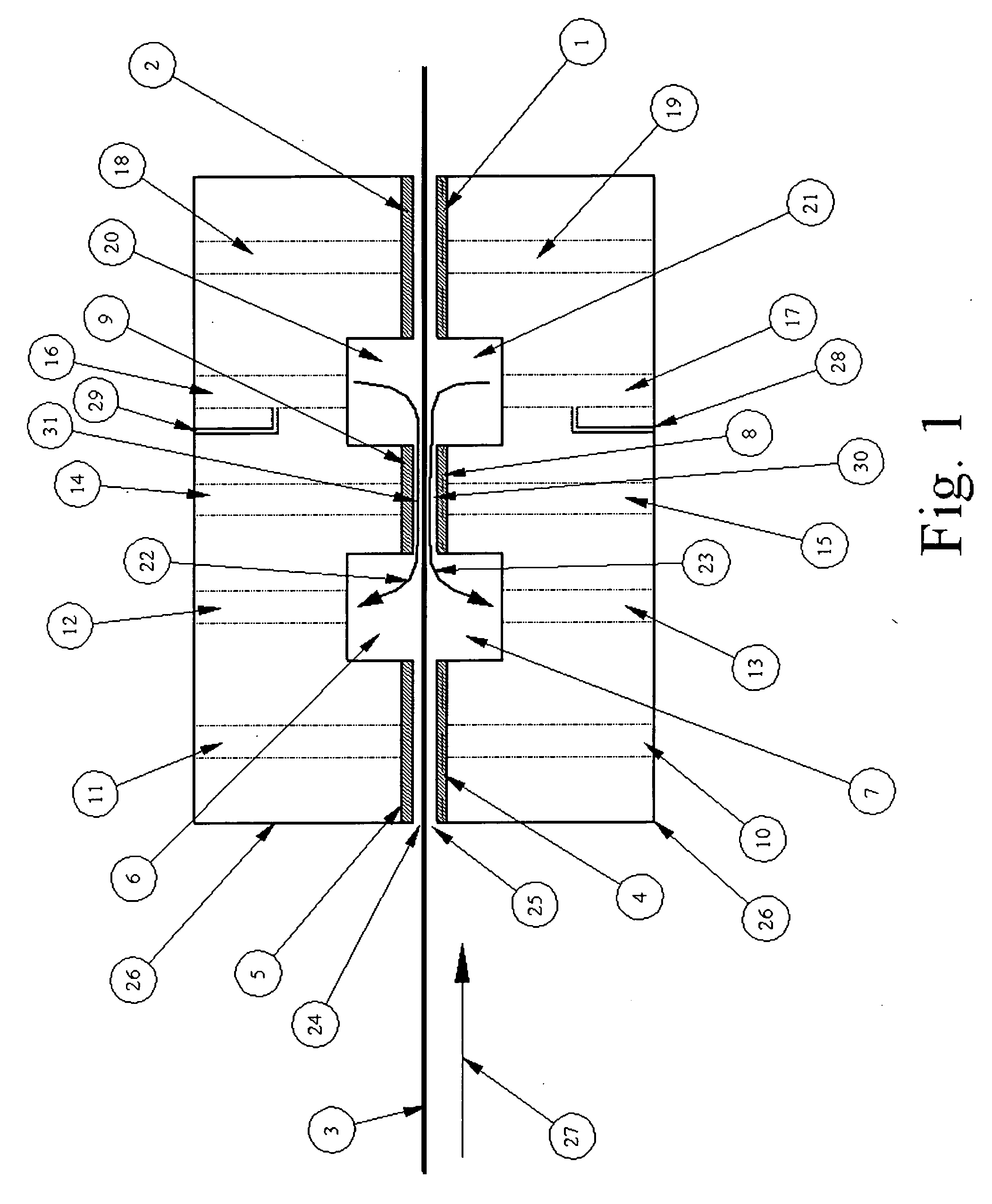 Method and apparatus for in-line processing and immediately sequential or simultaneous processing of flat and flexible substrates through viscous shear in thin cross section gaps for the manufacture of micro-electronic circuits or displays