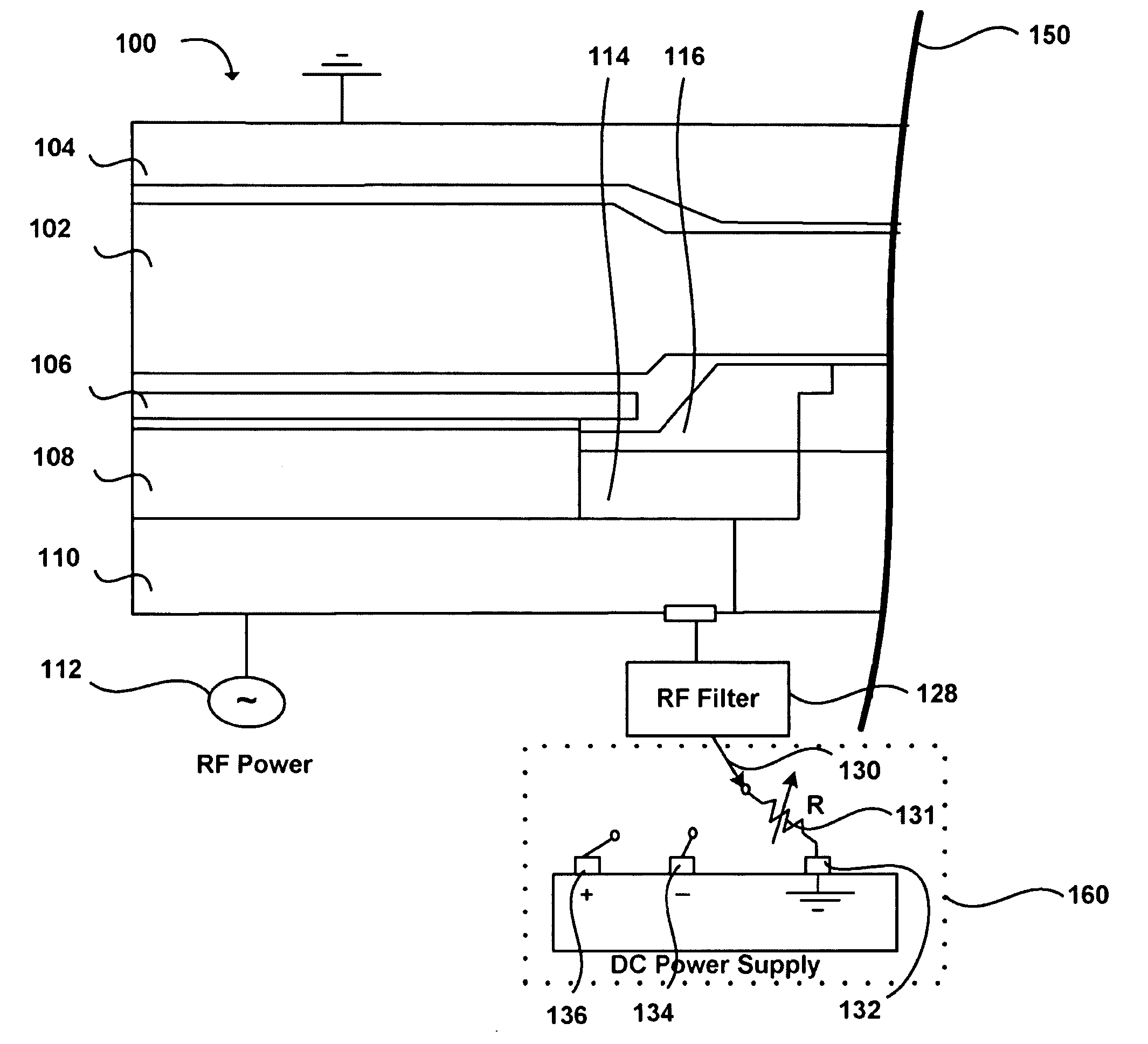 Method and apparatus for DC voltage control on rf-powered electrode