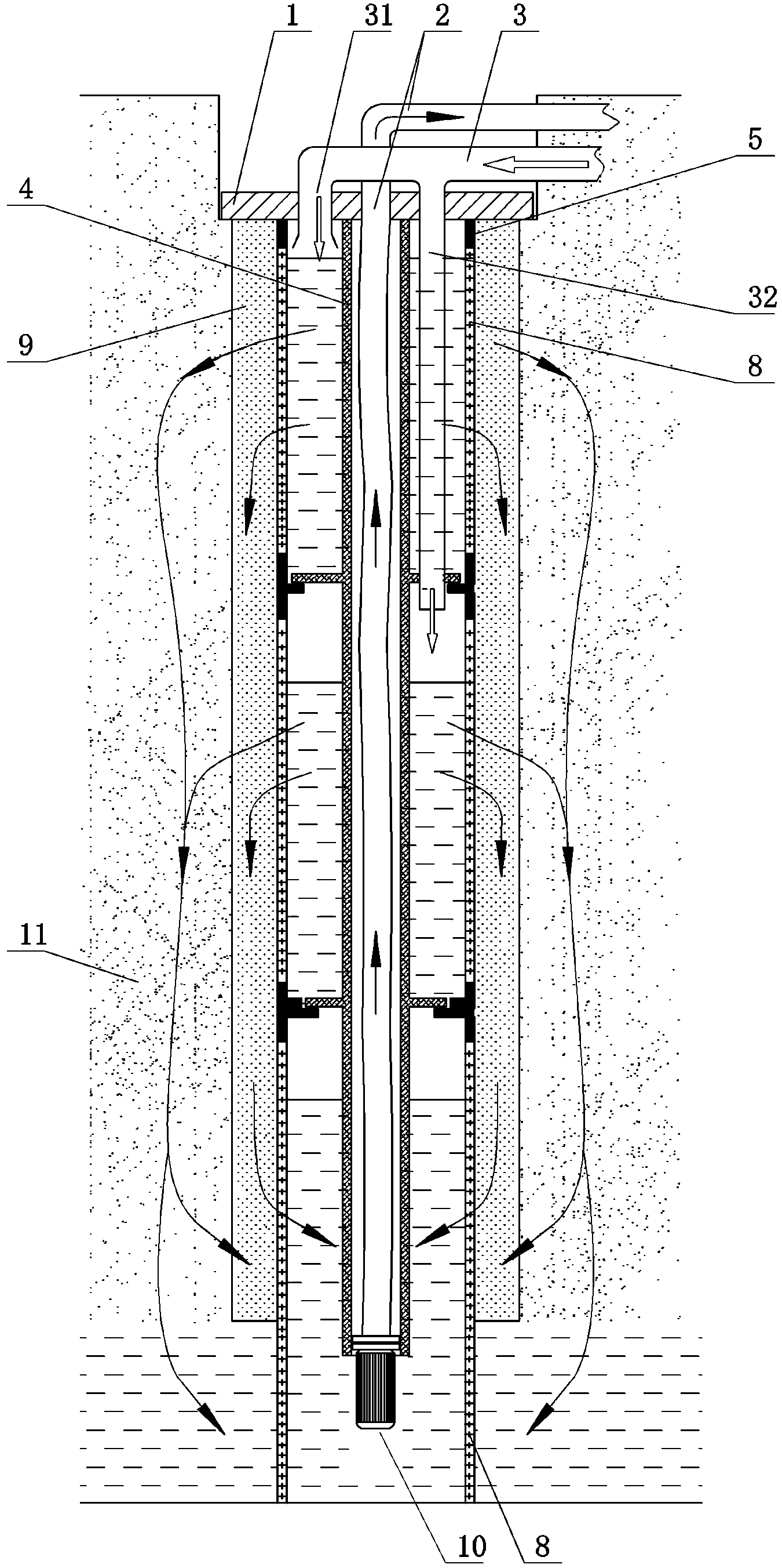 Hose type water outlet and return device in same water source well for water source heat pump central air conditioner