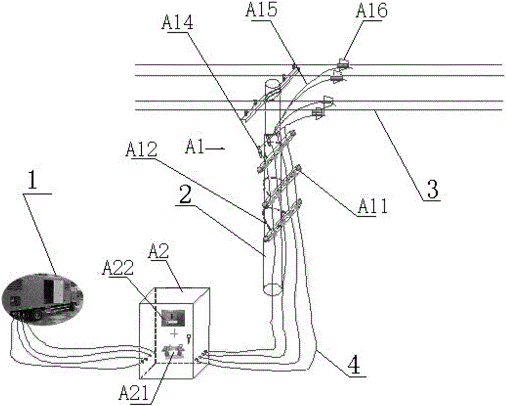 Universal type connecting device for emergency power supply vehicle and low-voltage overhead line and application thereof