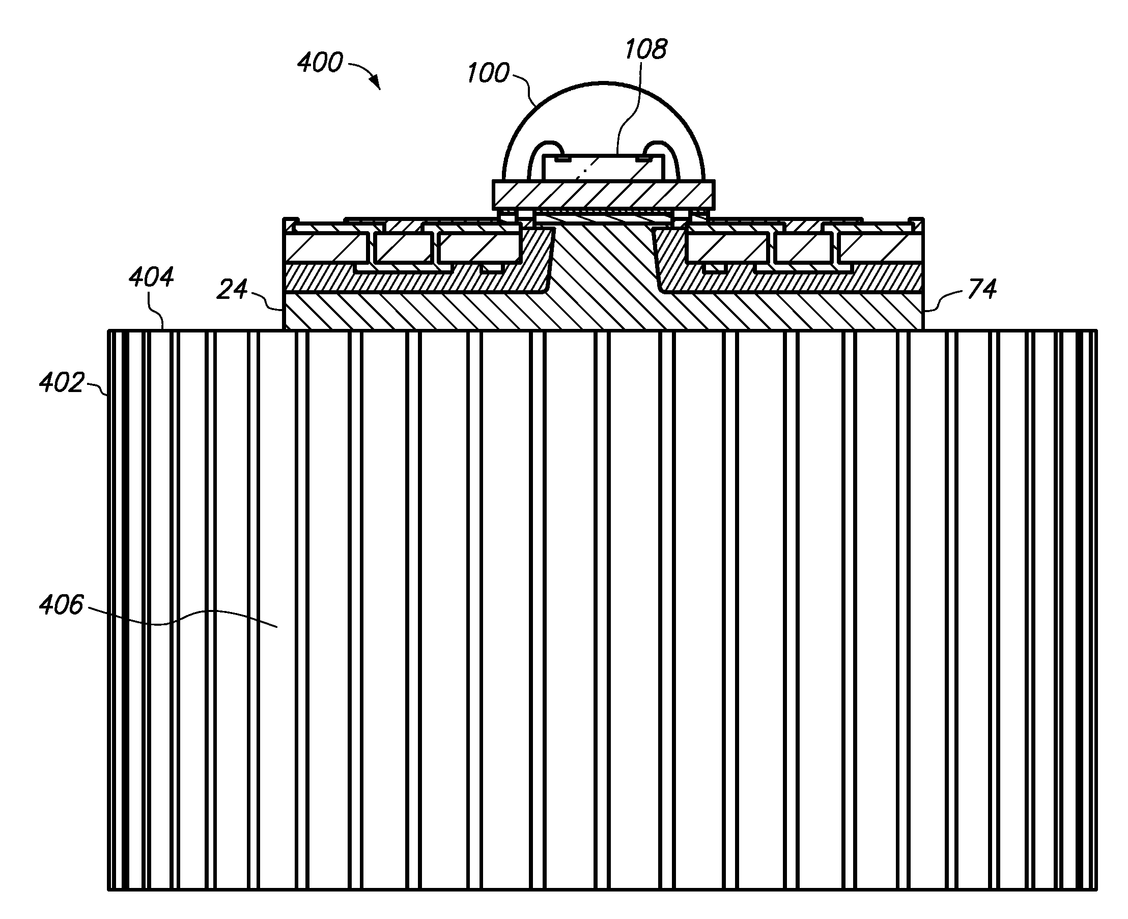 Semiconductor chip assembly with post/base heat spreader and horizontal signal routing