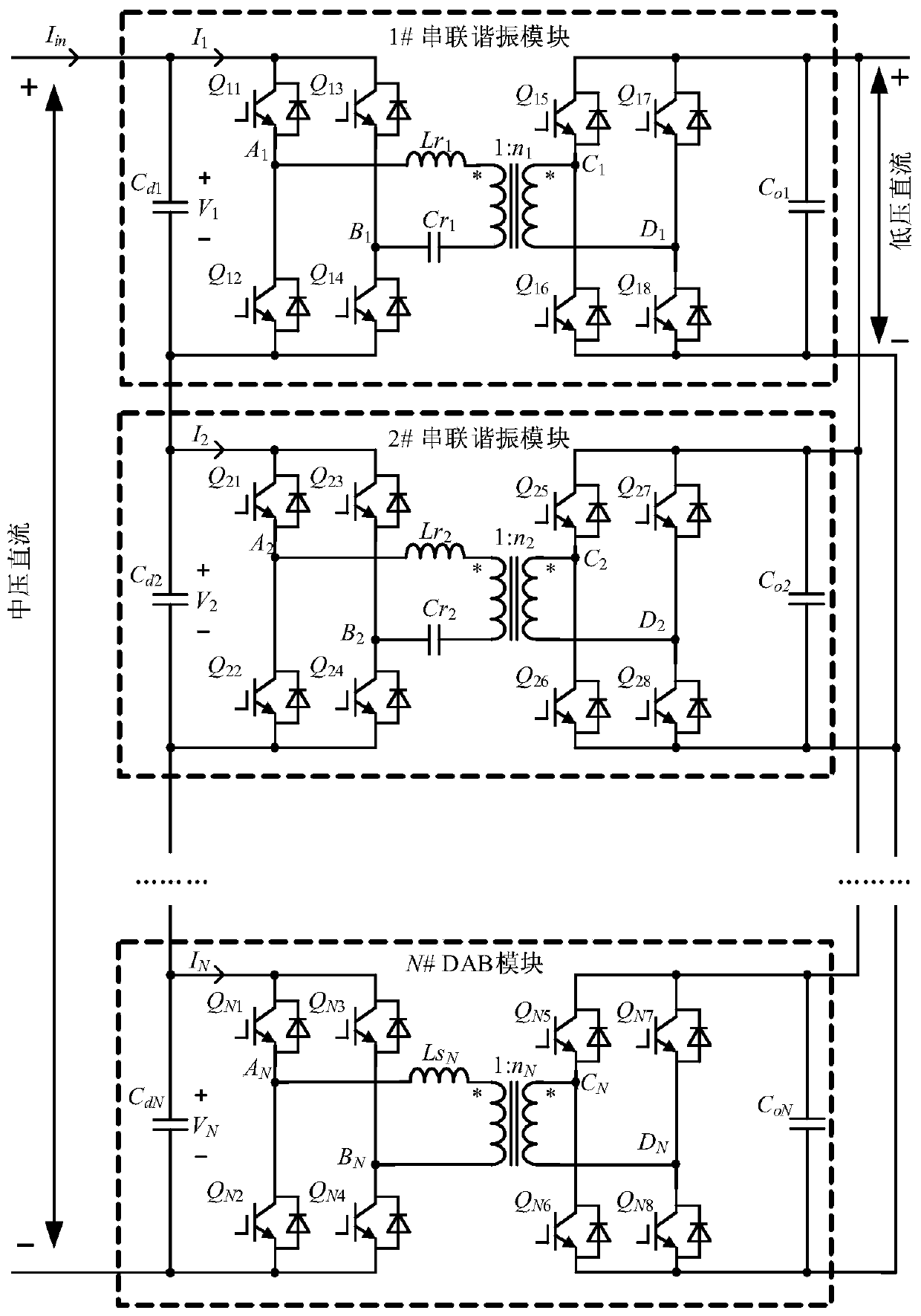 Combined input-series output-parallel direct current transformer suitable for medium voltage direct current power distribution network and control method thereof