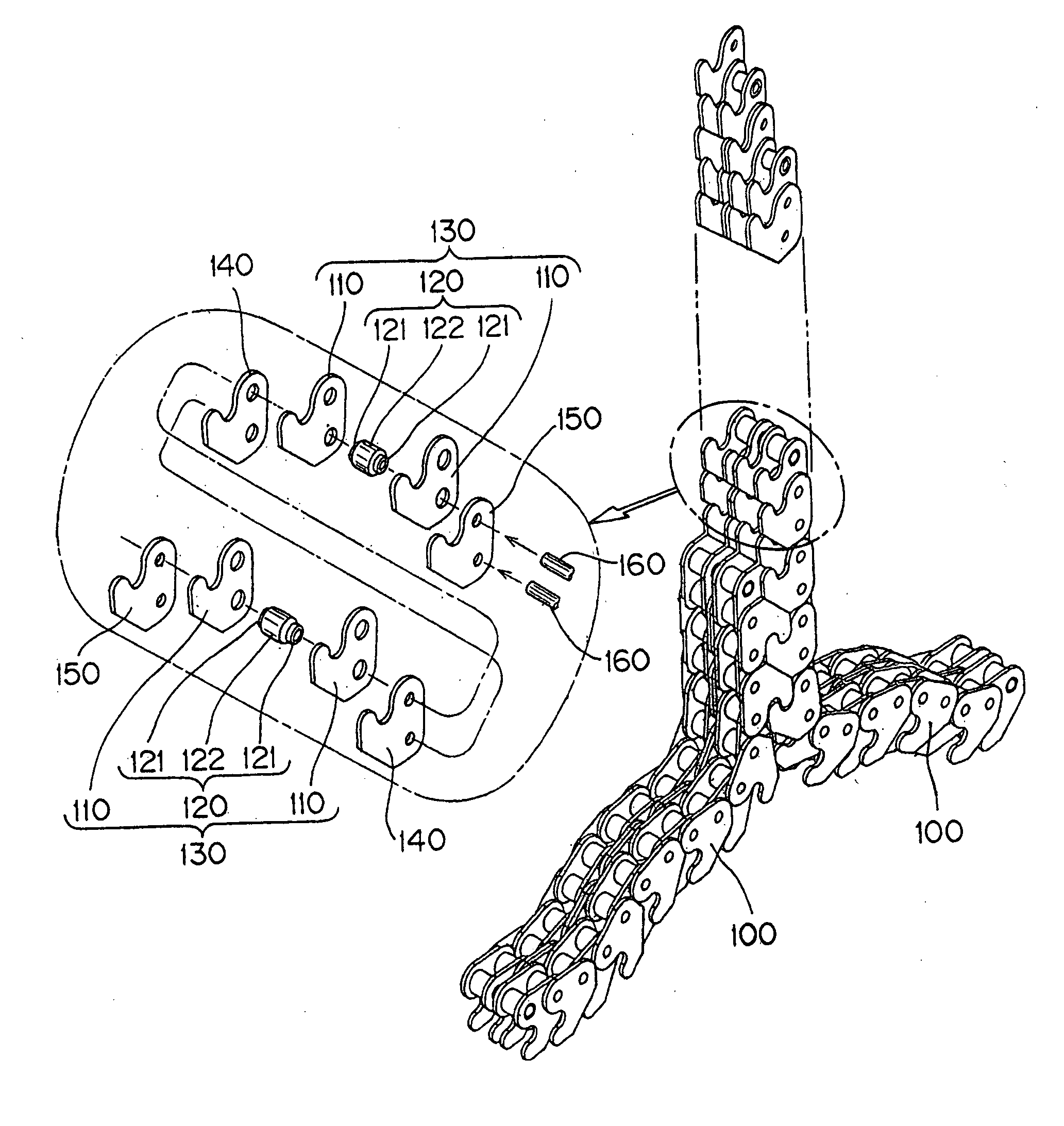 Hoisting and lowering driving engagement multi-row chain