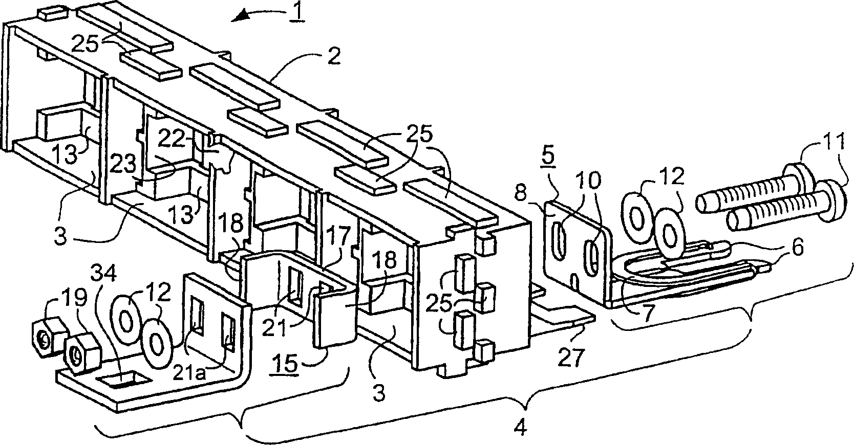 Contact device for the adapting unit connection of a mobile appliance unit to fixed contact rails